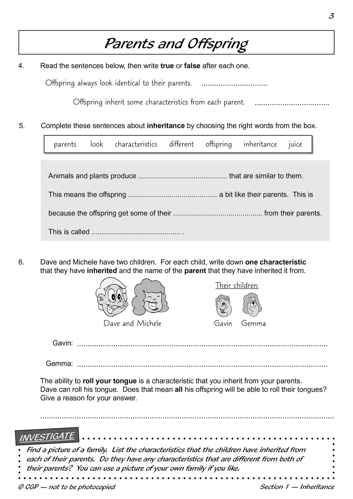 Questions on inheritance where children write true or false, fill in blanks, and explain why offspring resemble parents