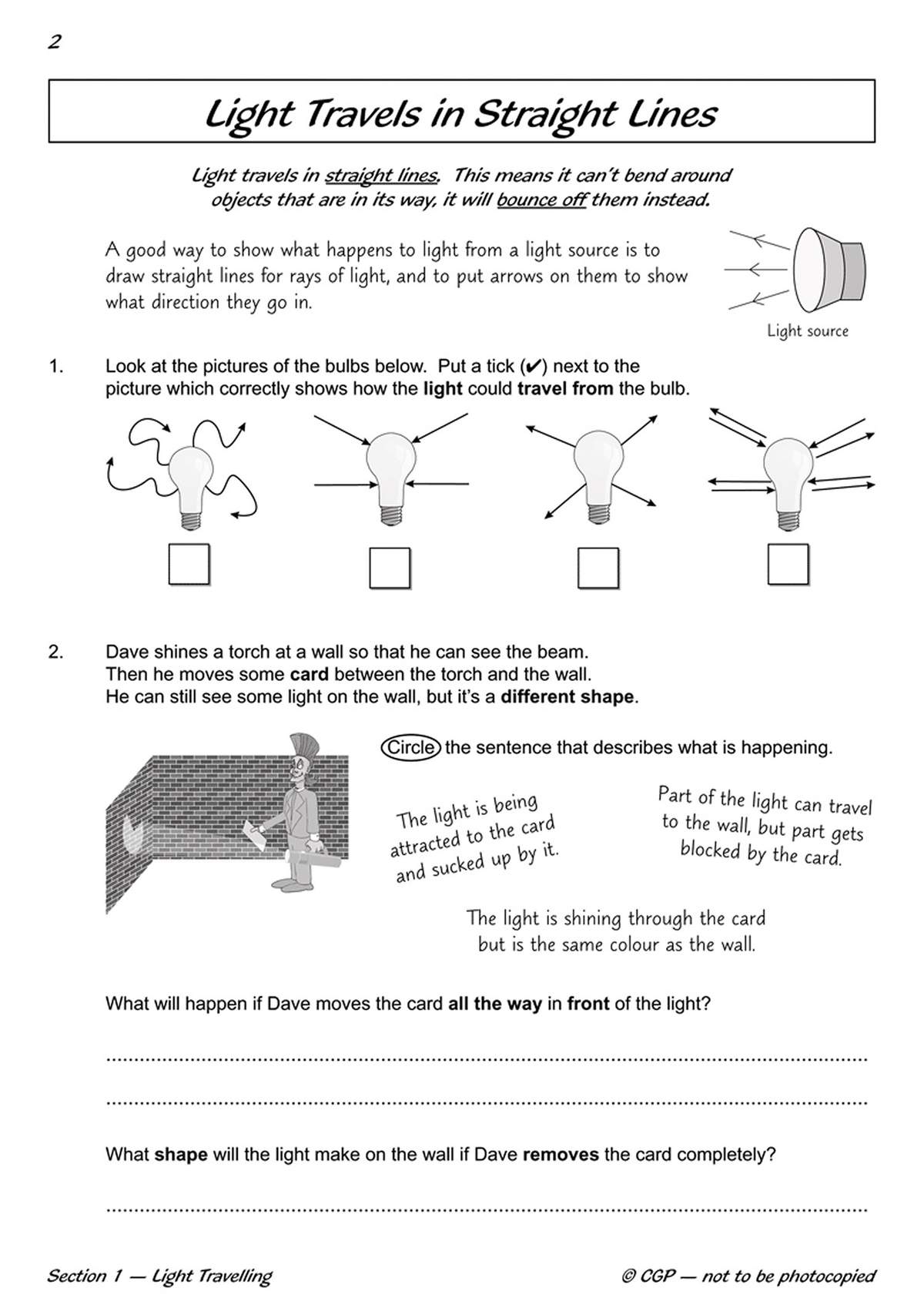 Children tick the correct light ray diagram, circle the right description of a shadow
