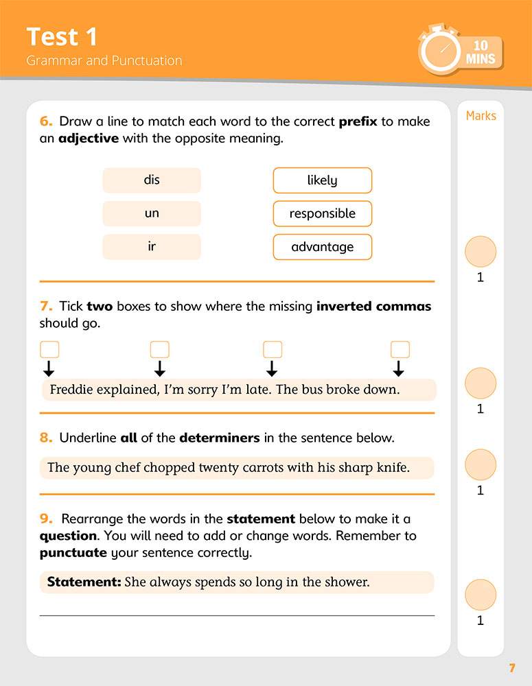 Four grammar and punctuation questions requiring matching, ticking, underlining, and rewriting sentences