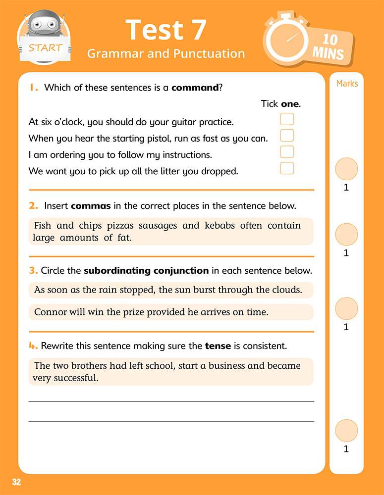 Four short grammar questions on commands, commas, conjunctions and tense, with a 10-minute timer and tick boxes