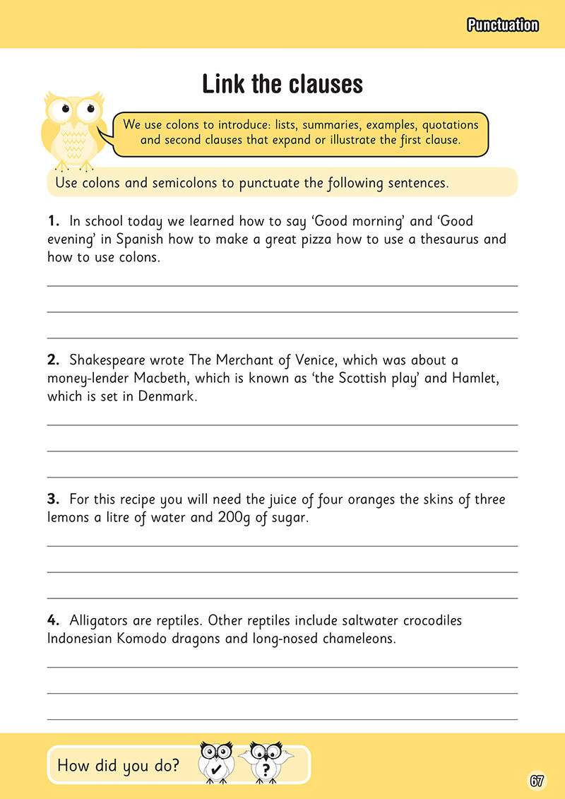 Children punctuate four sentences using colons and semicolons to link clauses, following a rule explained by a cartoon owl
