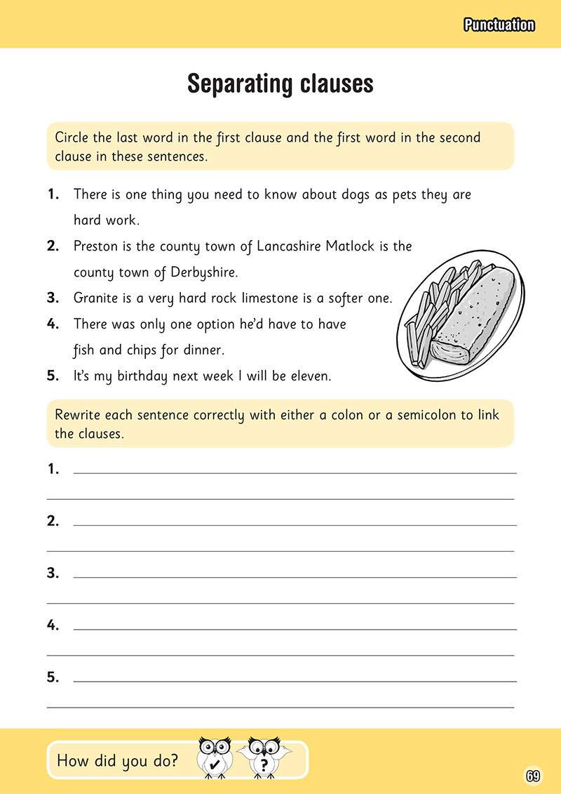 Children circle words in sentences, then rewrite them with colons or semicolons to fix the punctuation