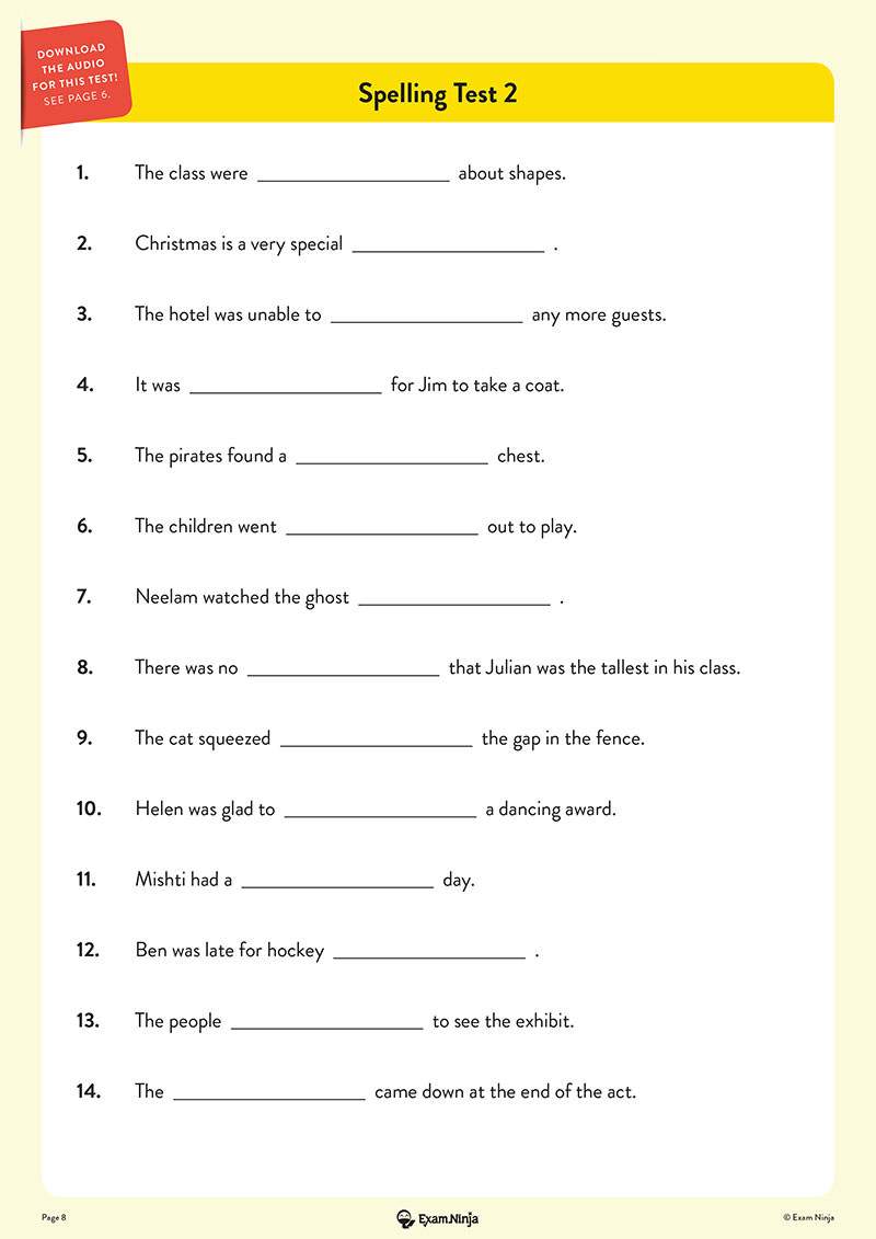 Fourteen numbered sentences with missing words for children to complete, focusing on correct spelling in context