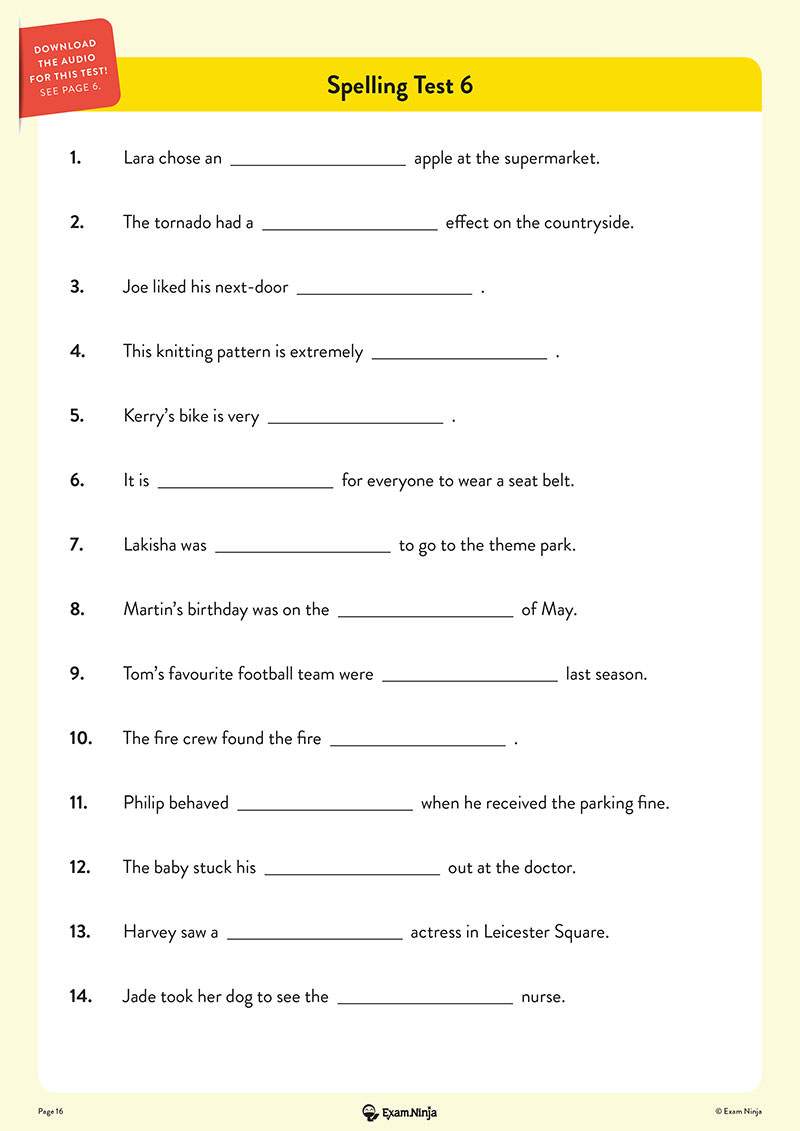 Fourteen fill-in-the-blank sentences for Year 6 spelling practice, mirroring the SATs format