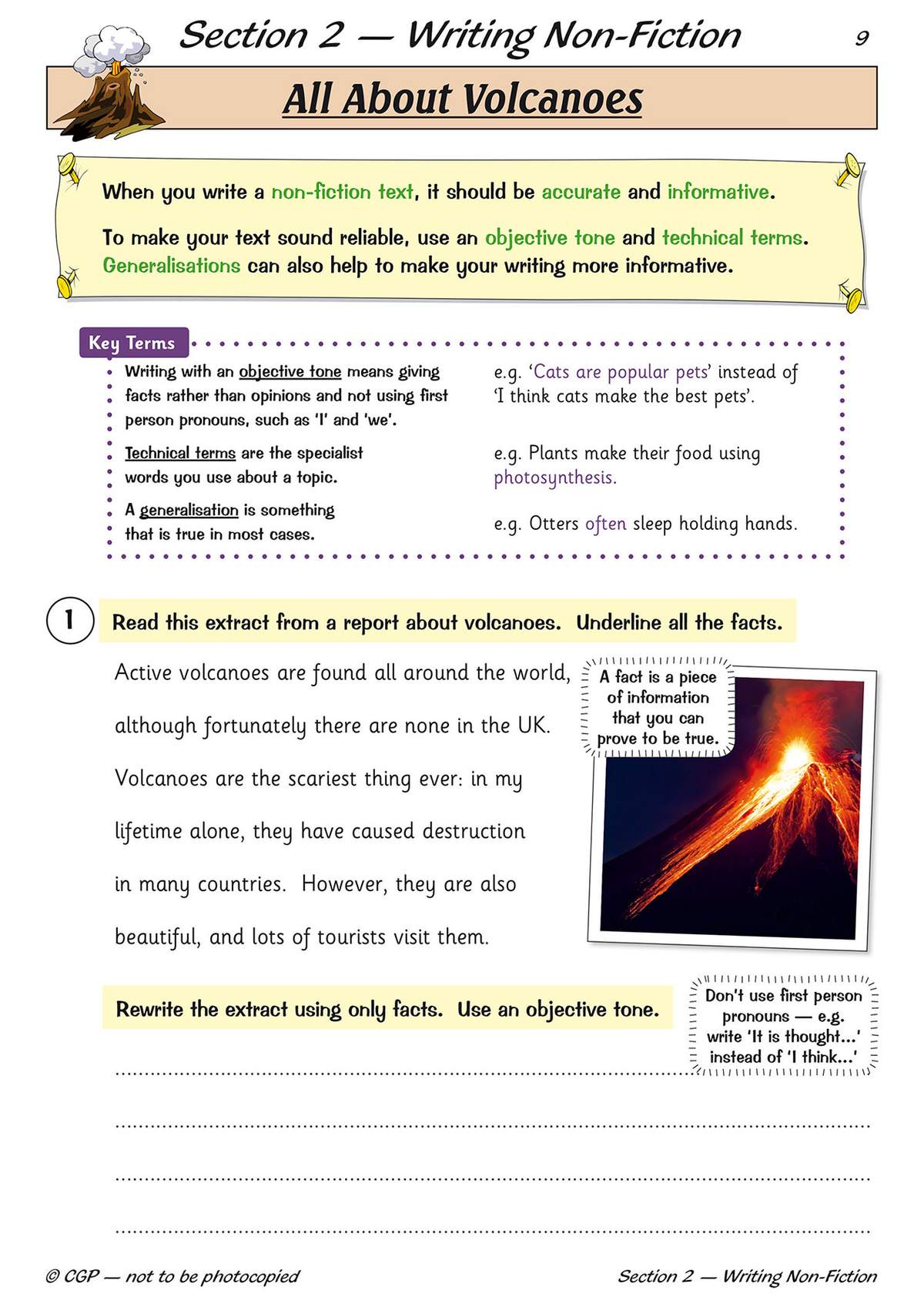 A short text about volcanoes is provided for children to read and rewrite using only facts