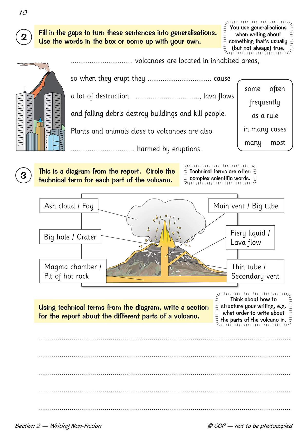 Children fill gaps to write generalisations about volcanoes, label a diagram, and write a report section