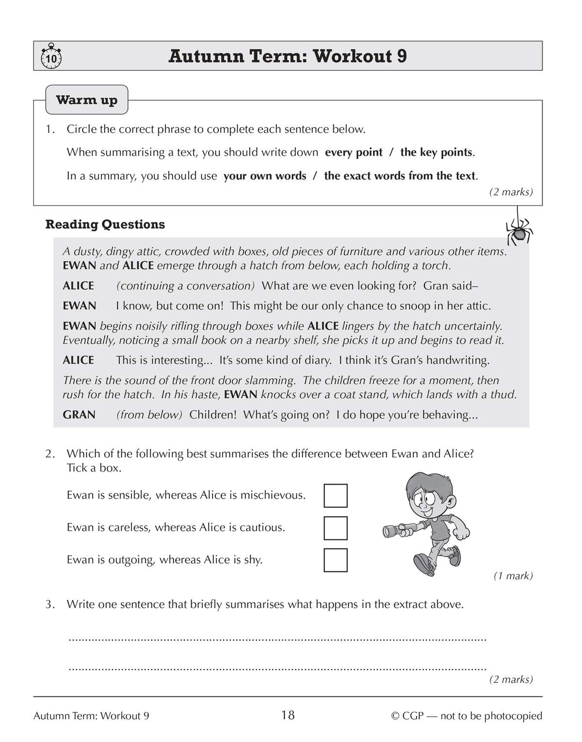 A reading passage about two pupils sneaking into an attic, followed by questions to summarise the text and compare characters
