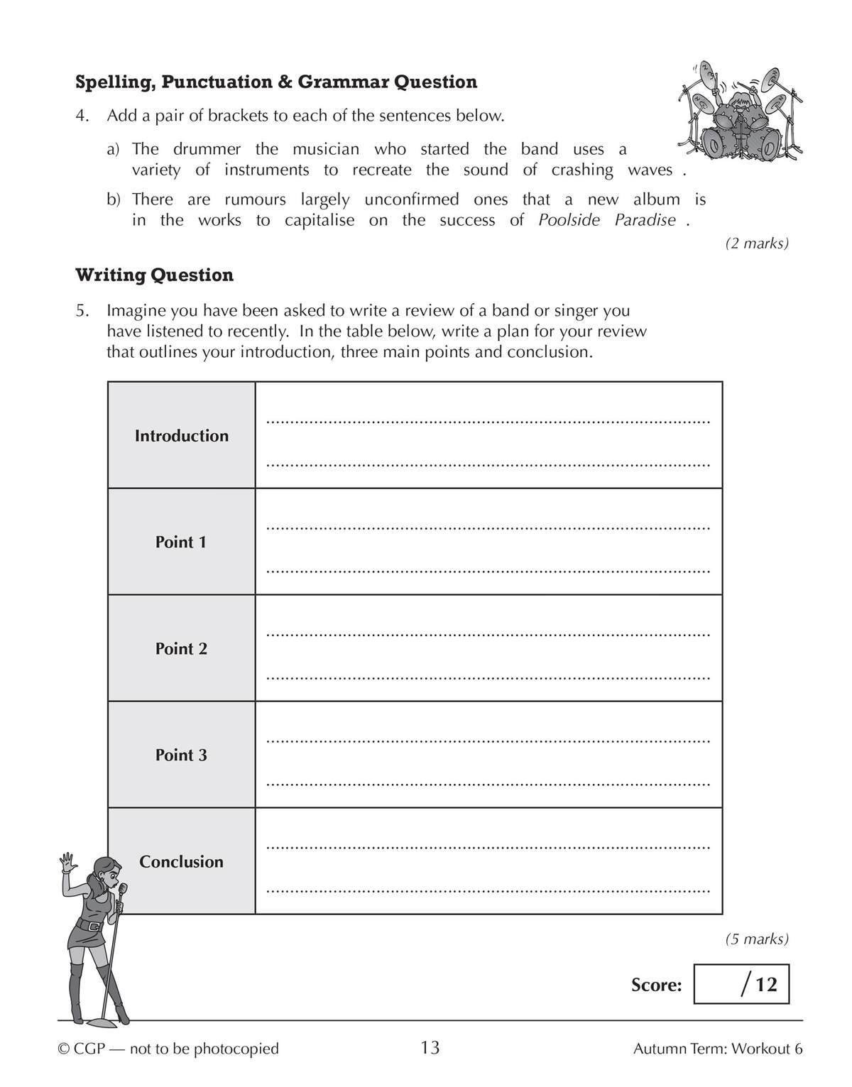 Students add brackets to sentences and plan a review in a table, practising grammar and writing structure