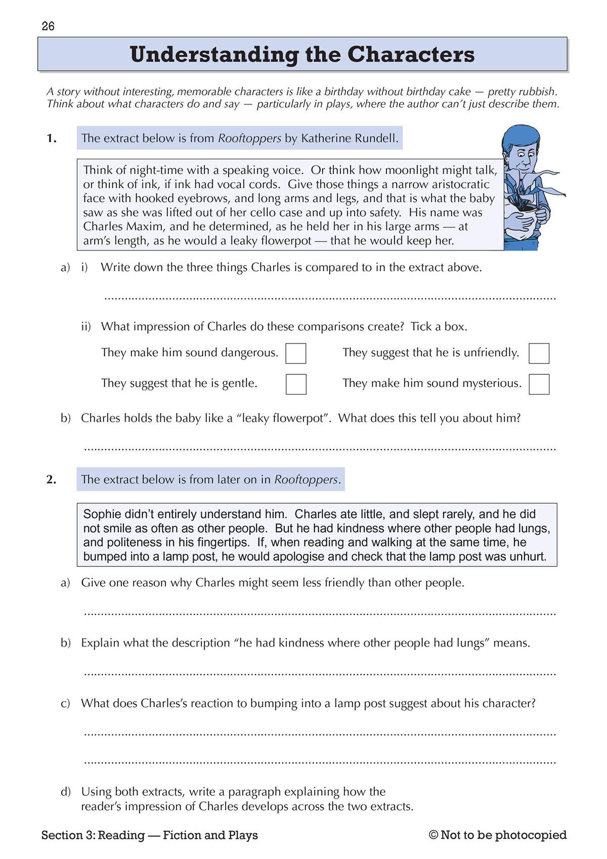 Two extracts from a play are provided for analysis, with questions asking pupils to identify comparisons