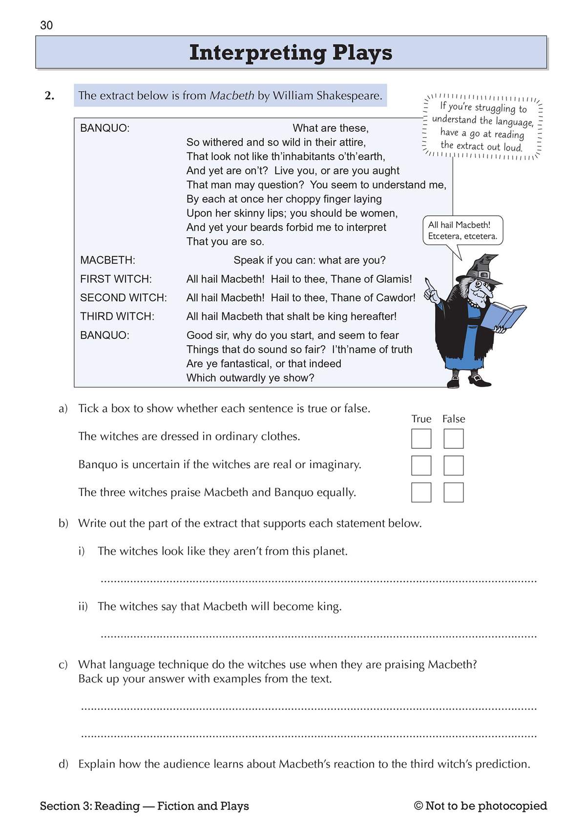 A Year 7 English exercise on Shakespeare's Macbeth, where pupils tick true/false statements, quote the text