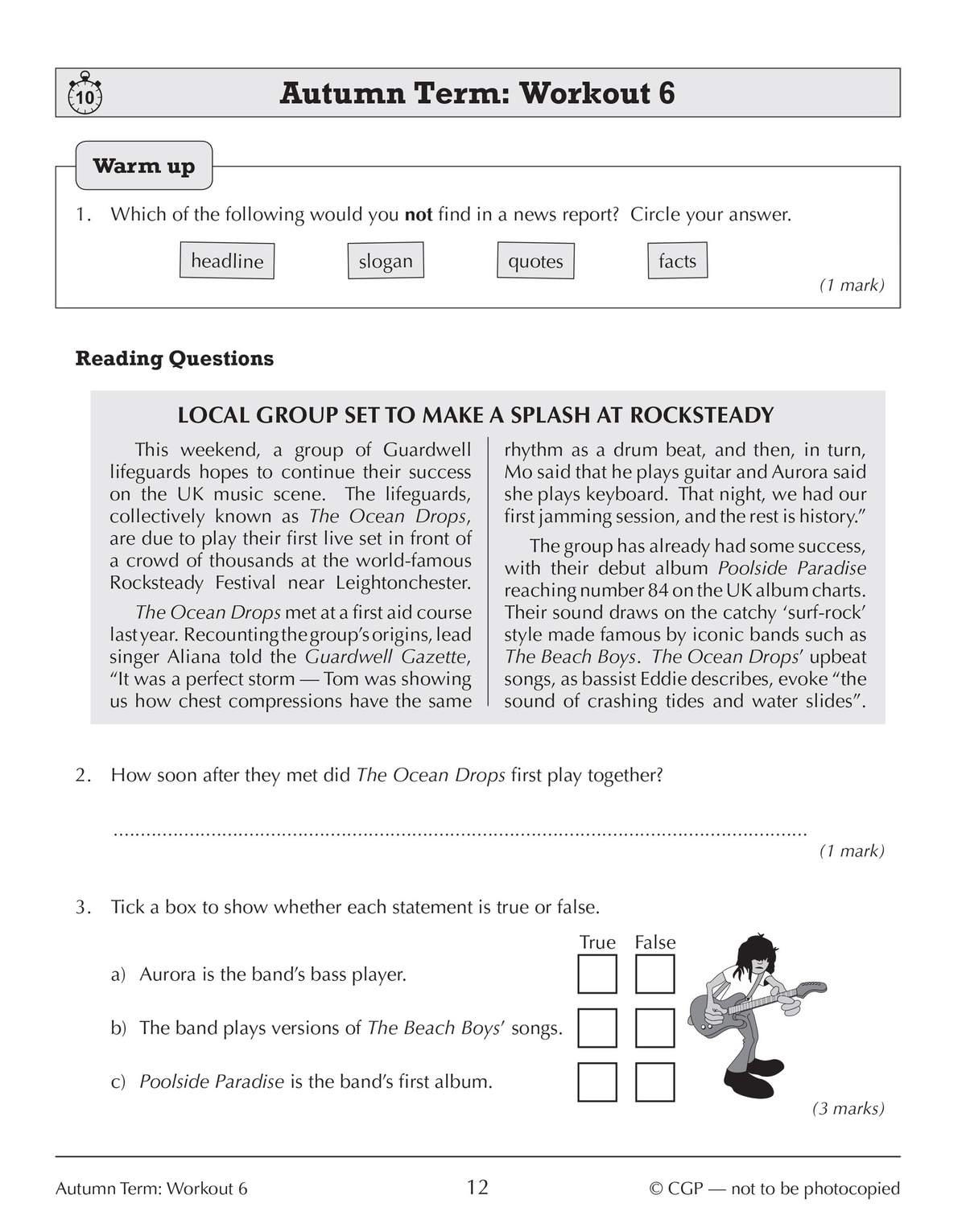 A reading passage about a band called The Ocean Drops, followed by questions to circle, write an answer and tick boxes
