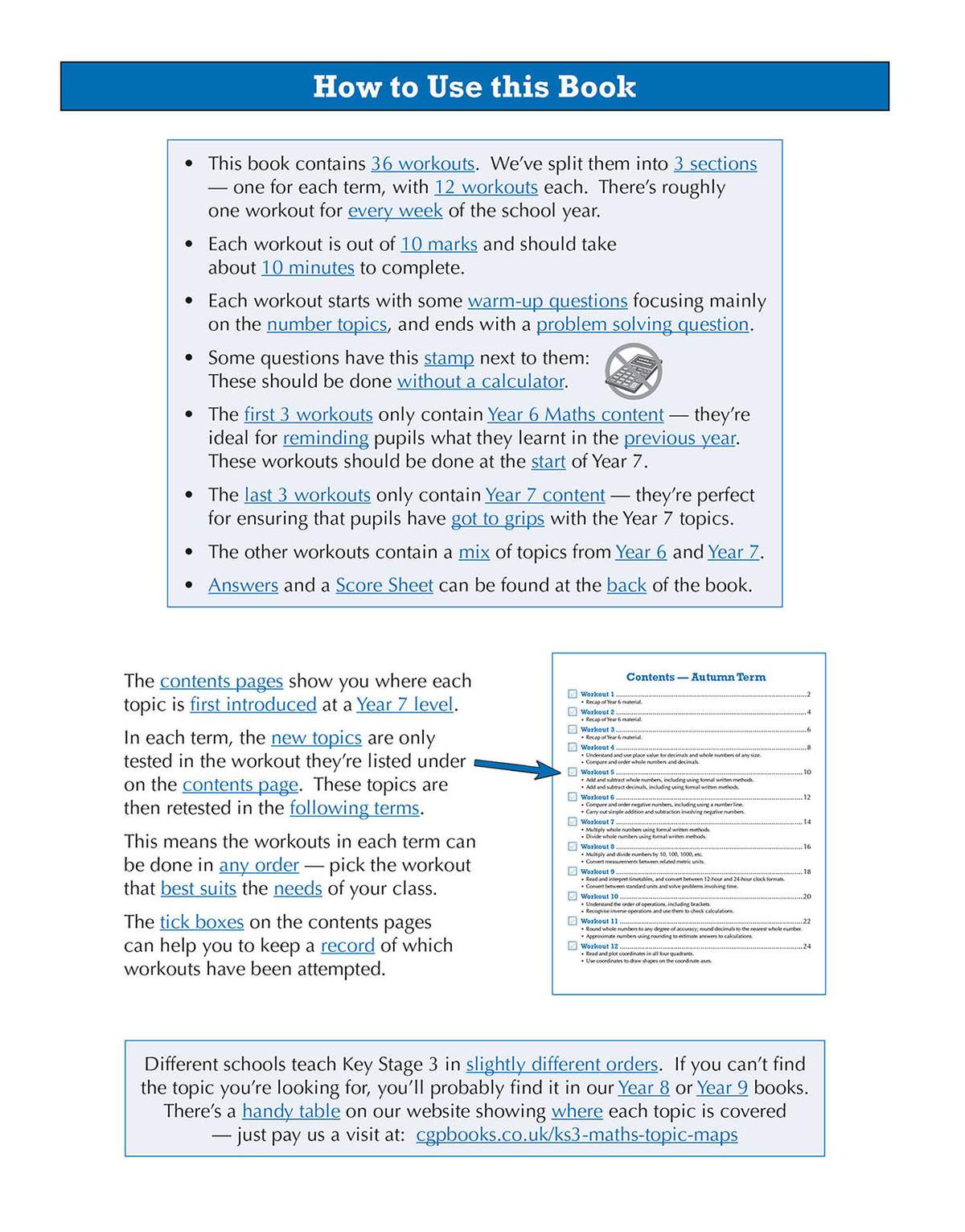 Instructions explain how to use the 36 workouts, with a contents page preview showing Autumn Term topics