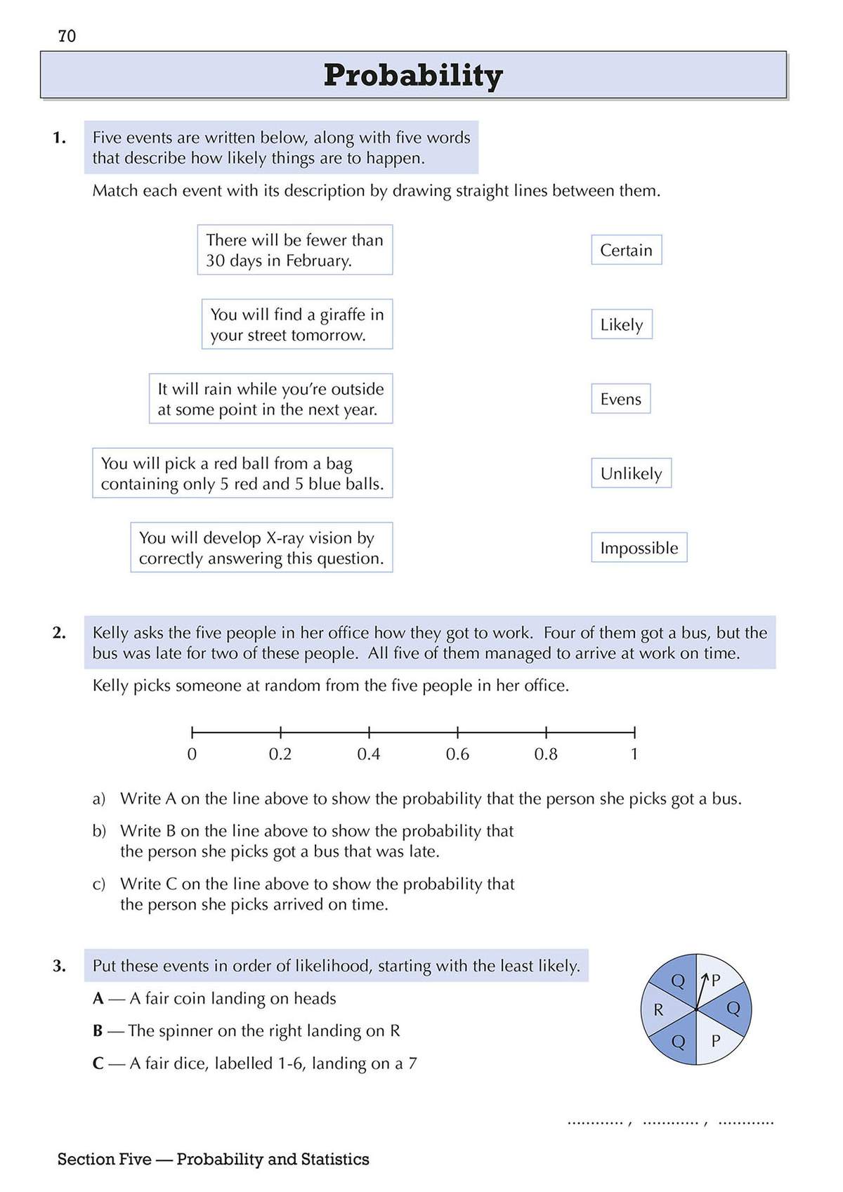 Three probability exercises involving matching events to likelihoods, marking values on a number line