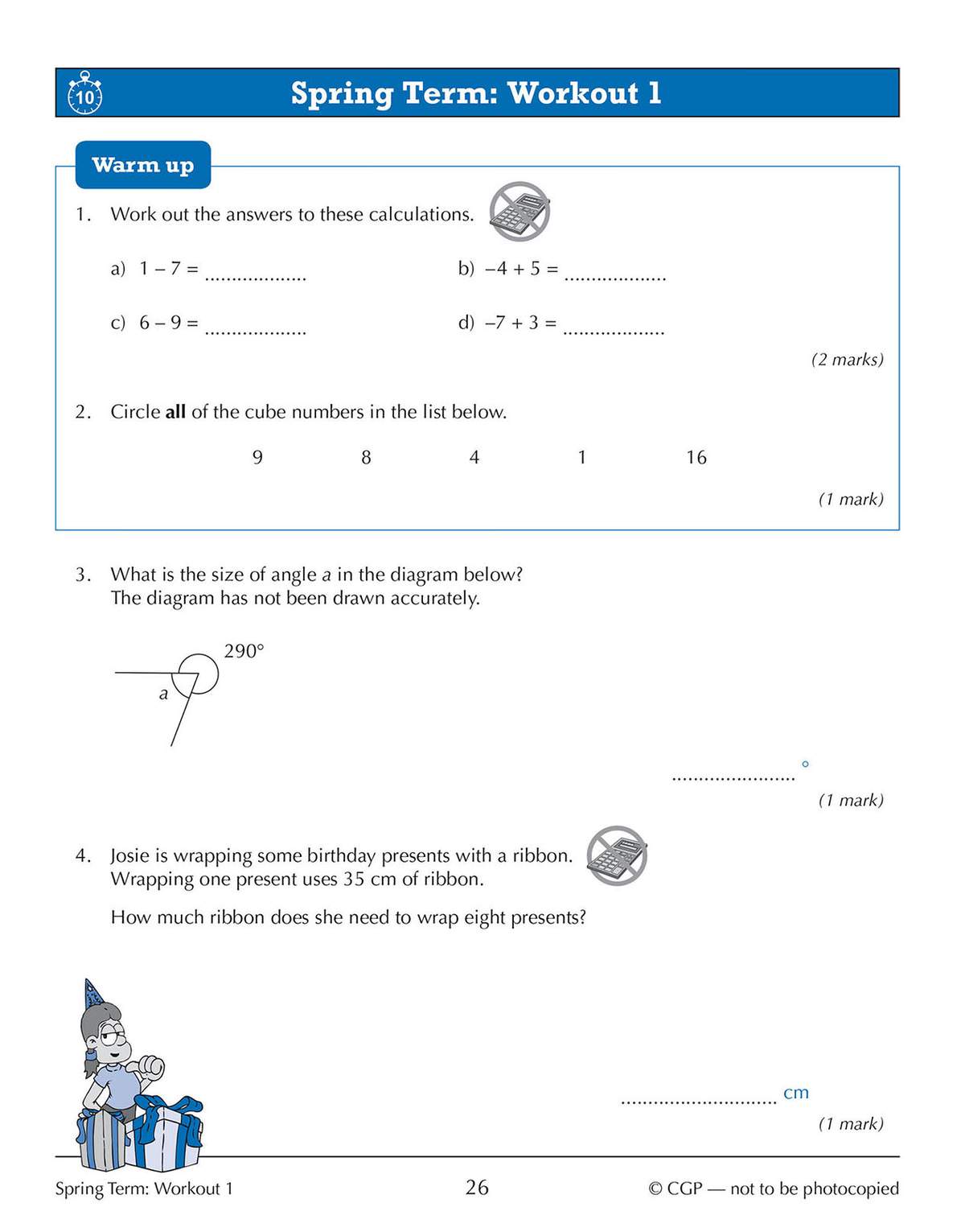 Four short maths questions on integers, angles and multiplication, with space to write answers