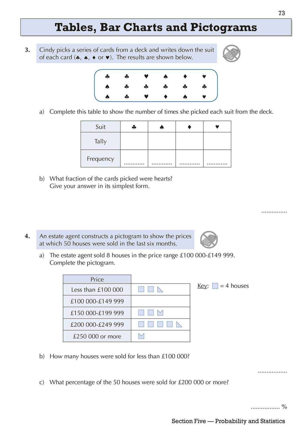 Two questions on probability and statistics, requiring pupils to tally card suits and complete a pictogram of house prices