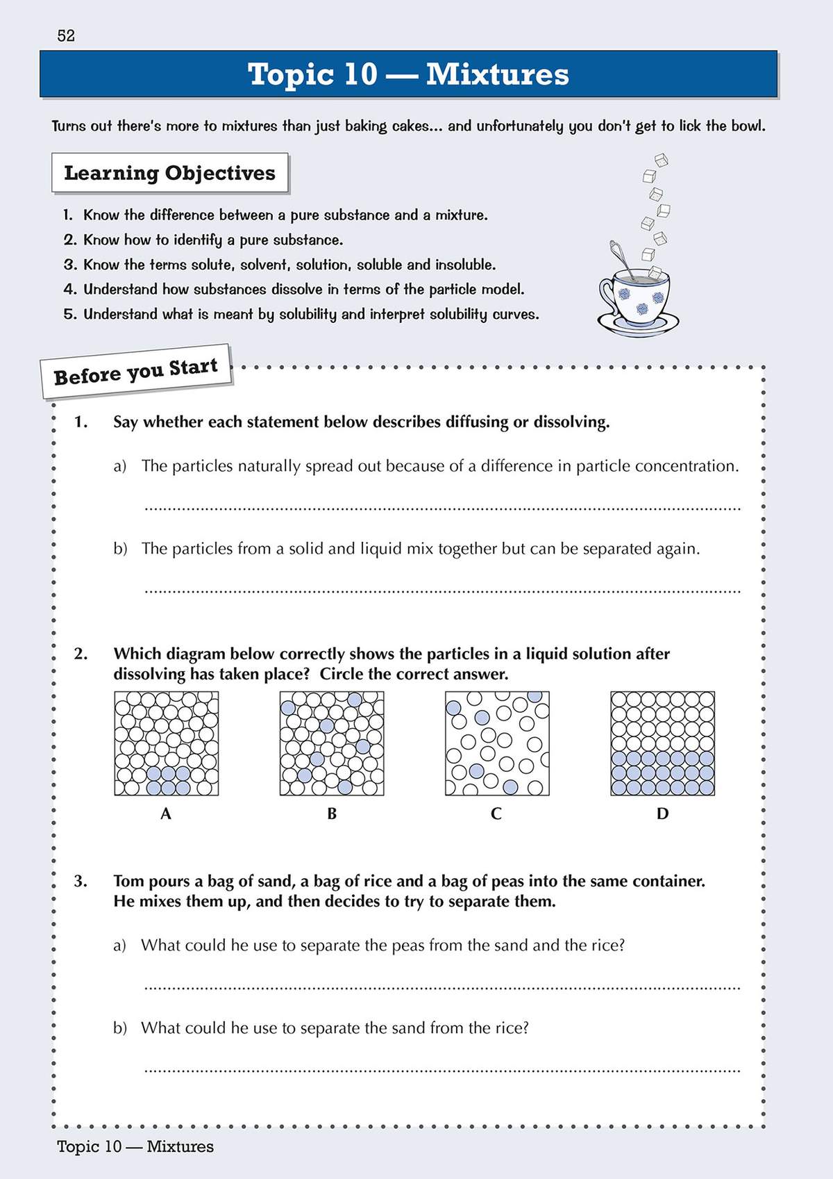 Students identify diffusion and dissolution, circle the correct particle diagram, and write methods to separate sand
