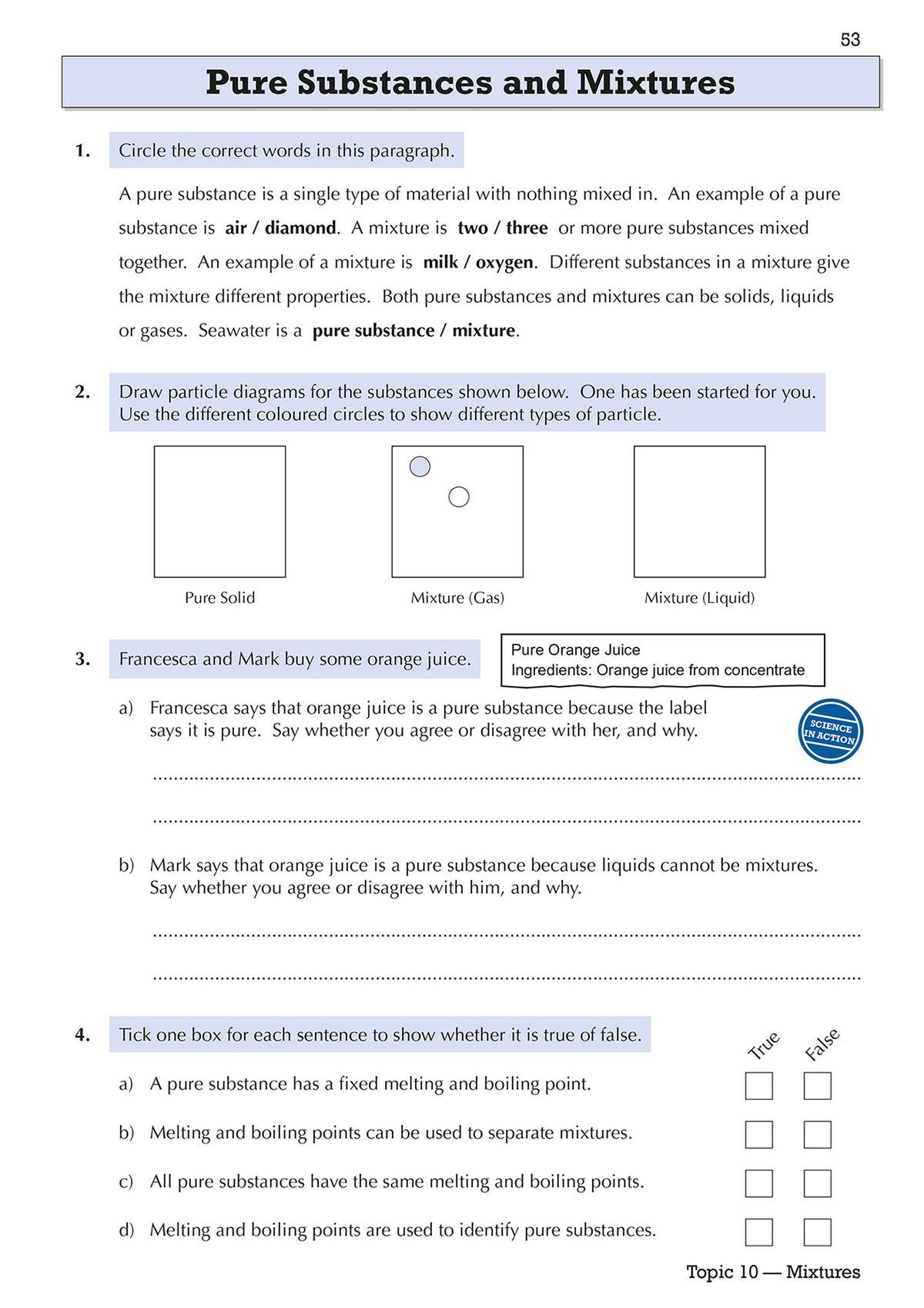 Four questions on pure substances and mixtures, including circling correct words, drawing particle diagrams