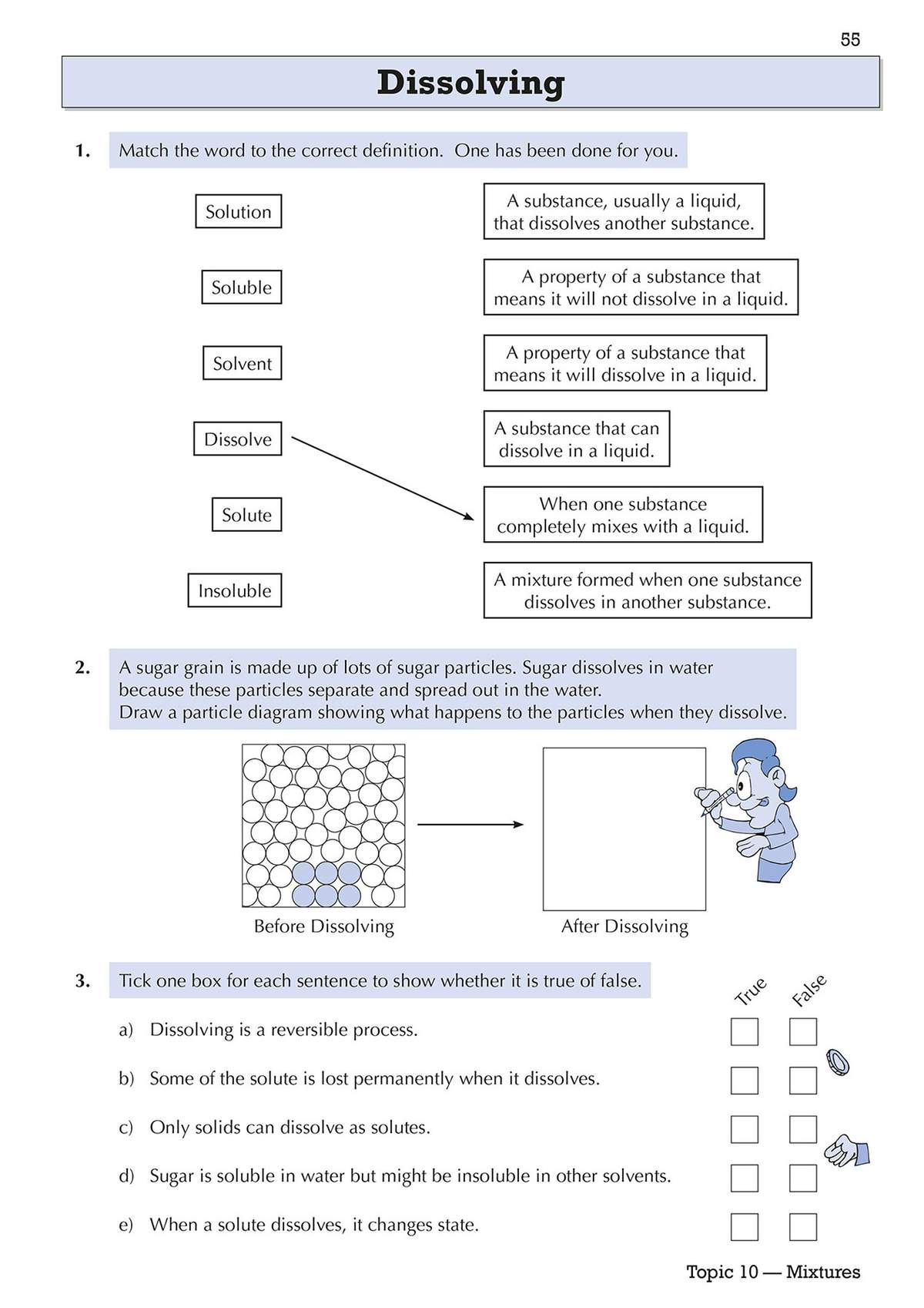 Pupils match science terms to definitions, draw a particle diagram of dissolving, and tick true or false for statements