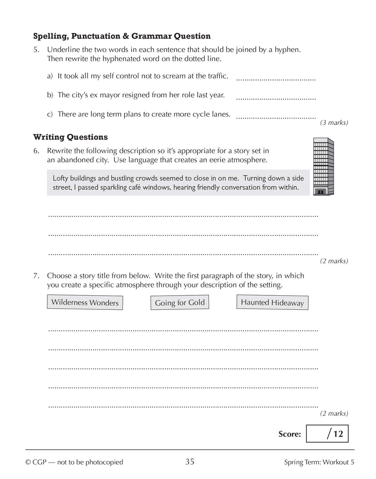 Three grammar questions on hyphenation and two writing tasks on atmosphere and story beginnings