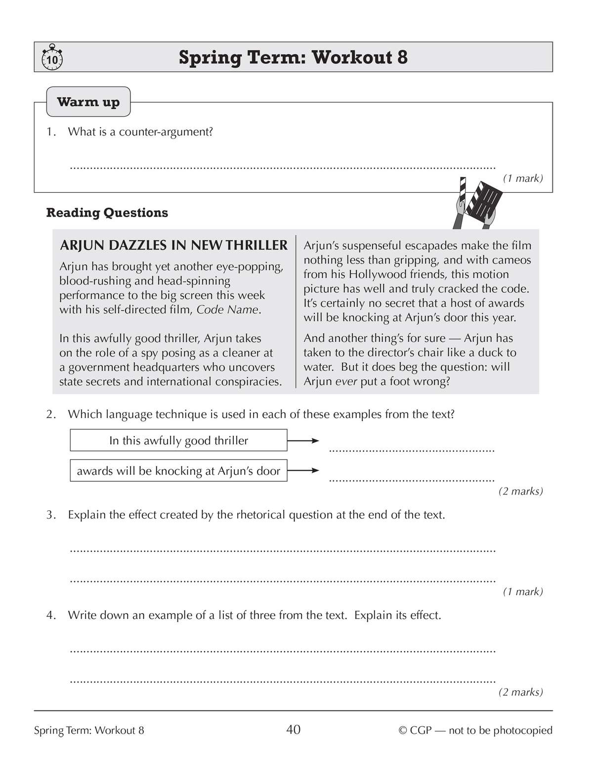 A short text about a film star is followed by questions asking pupils to identify language techniques and explain their