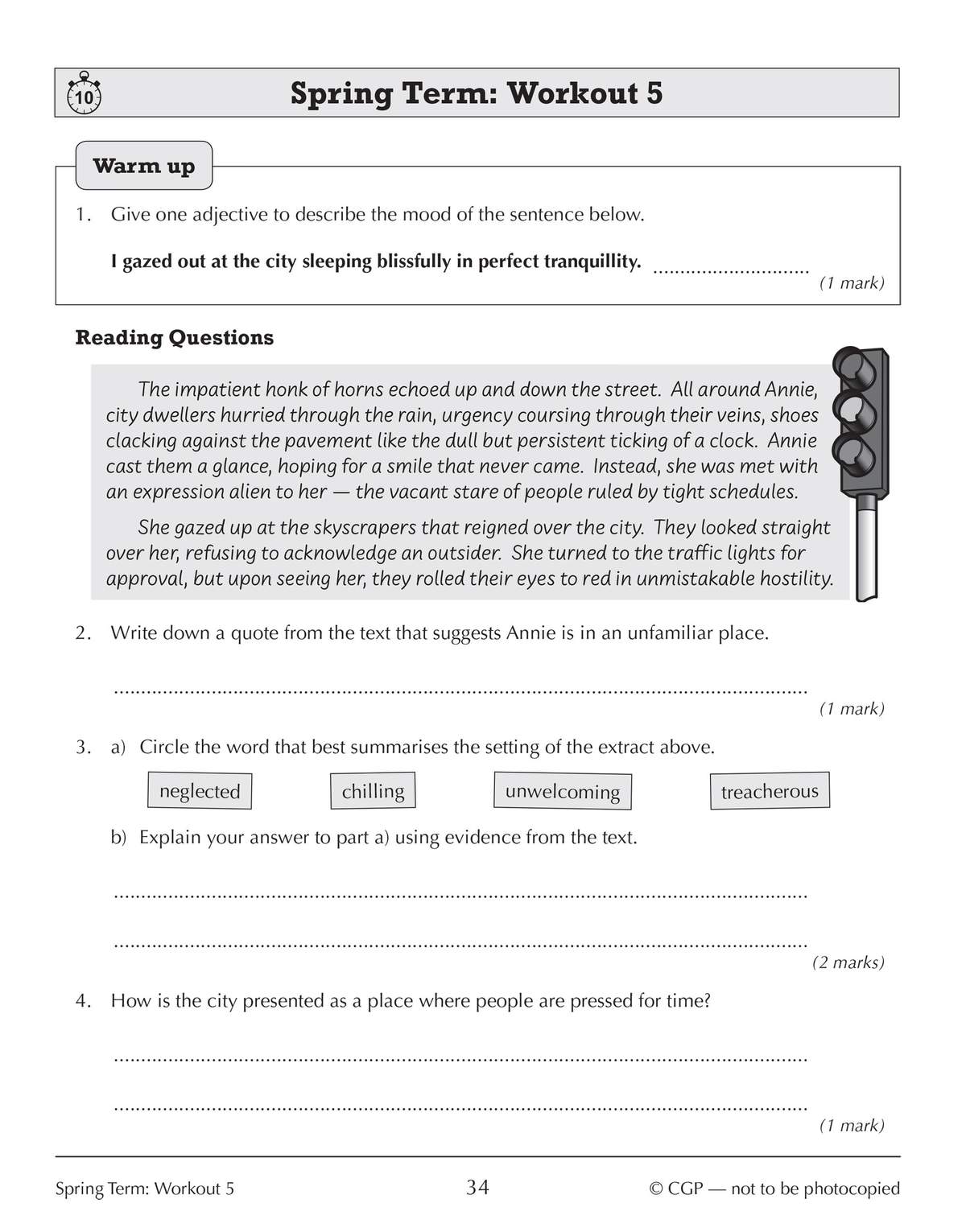A short text about a girl in a busy city, followed by questions to find quotes, circle the best word, and explain answers
