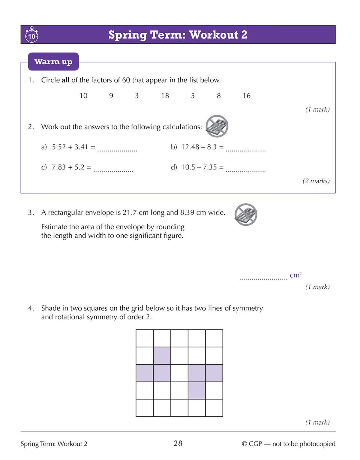 Four maths questions on factors, decimals, estimation and symmetry, including a grid to shade for symmetry