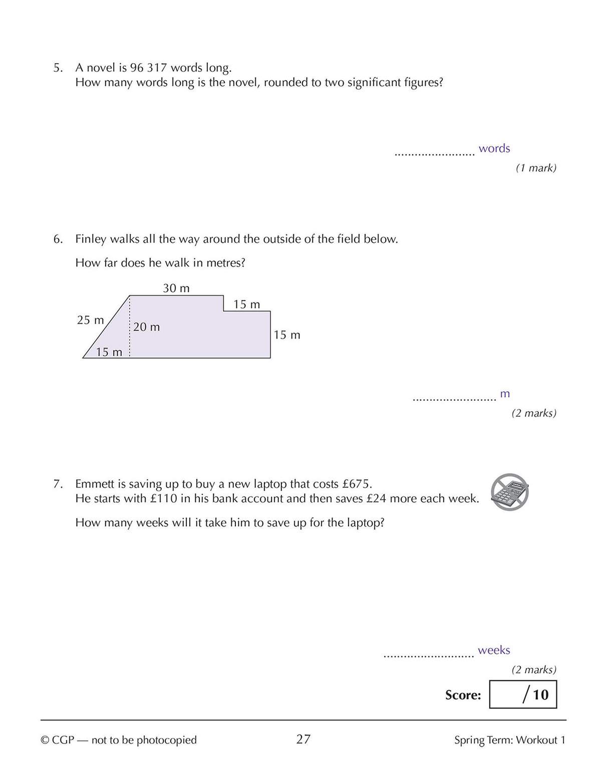 Three maths problems on rounding, perimeter and linear equations, with a diagram and a score box