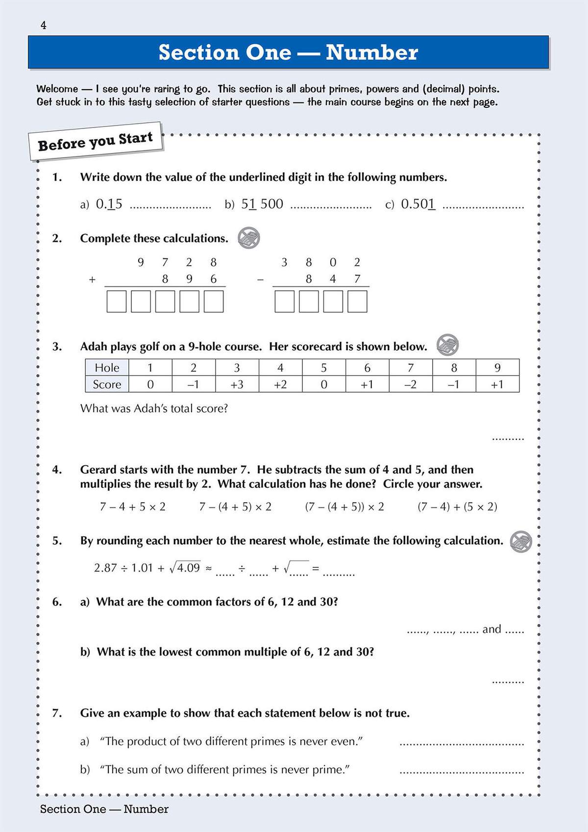 Seven starter questions on number properties, including place value, calculations, factors and estimation