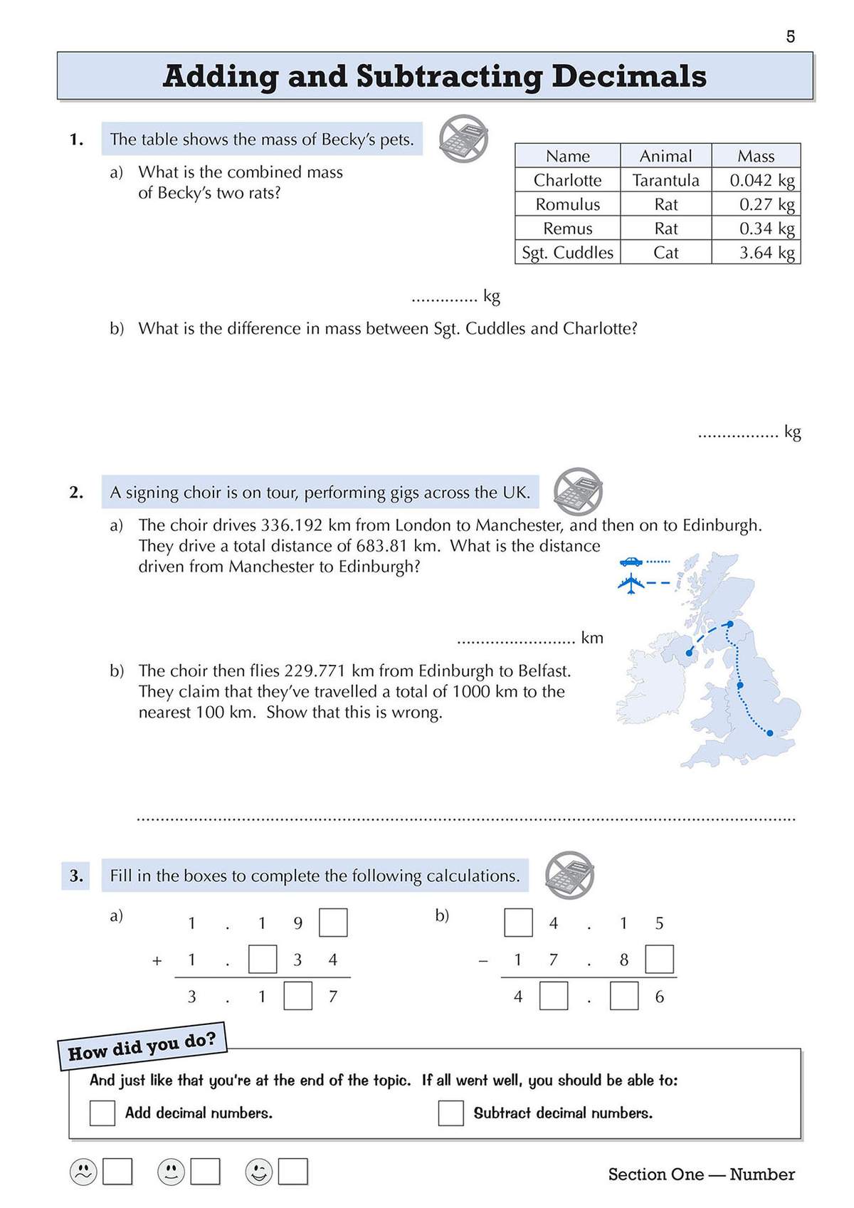 Three questions on adding and subtracting decimals, including a map of the UK and a self-assessment smiley face