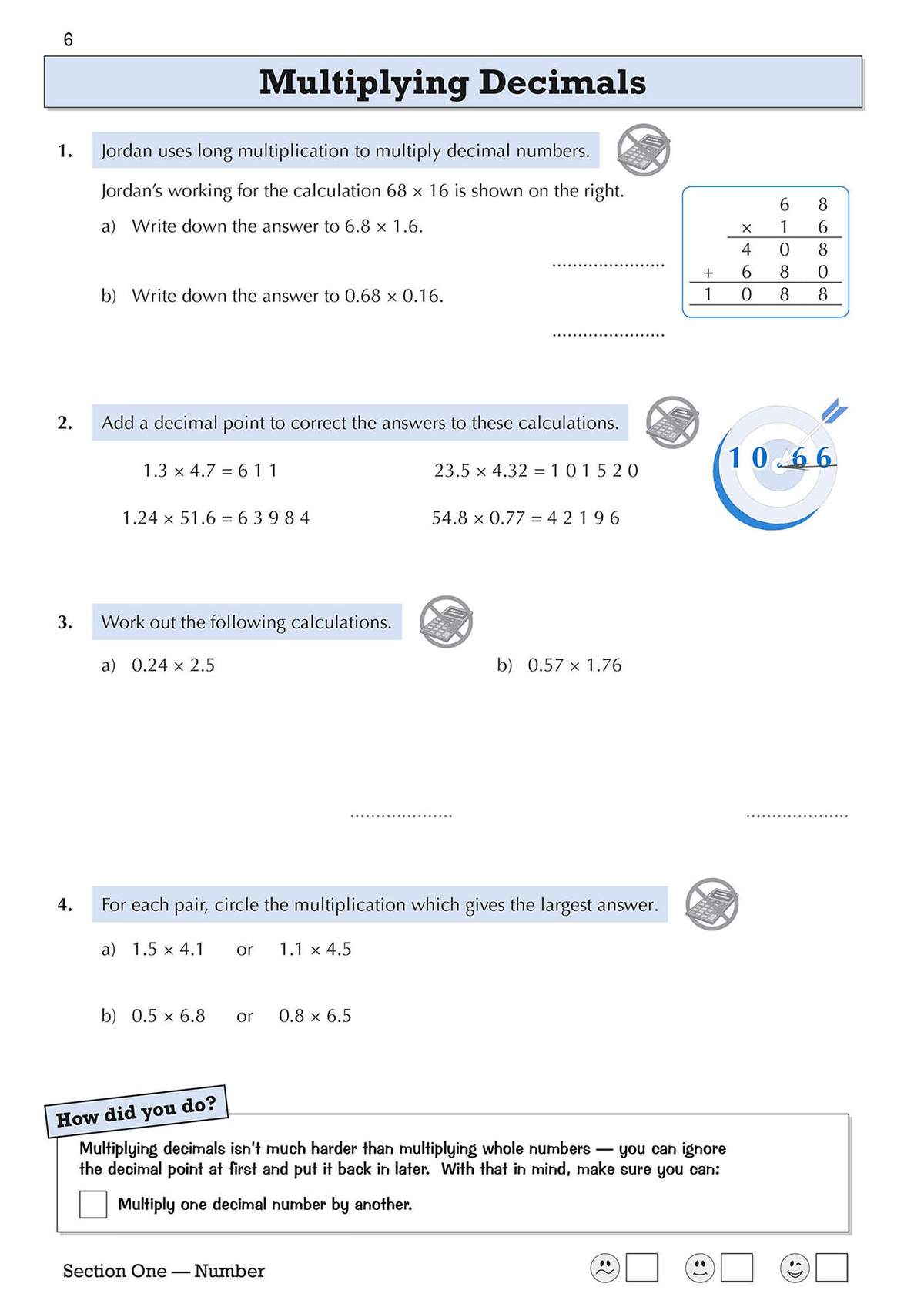 Pupils solve four decimal multiplication tasks, including correcting answers and circling the largest result
