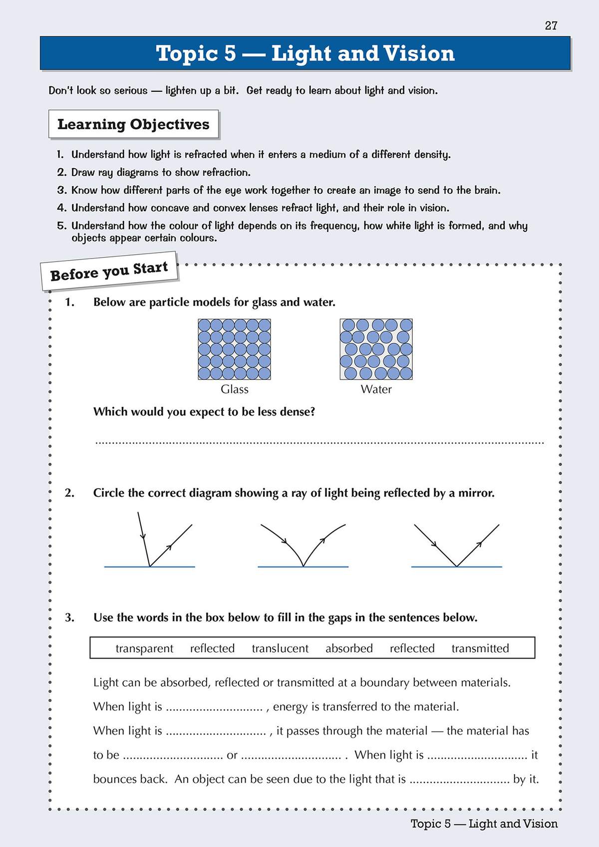 A Year 8 science page on light and vision with three tasks: comparing density, circling a reflection diagram