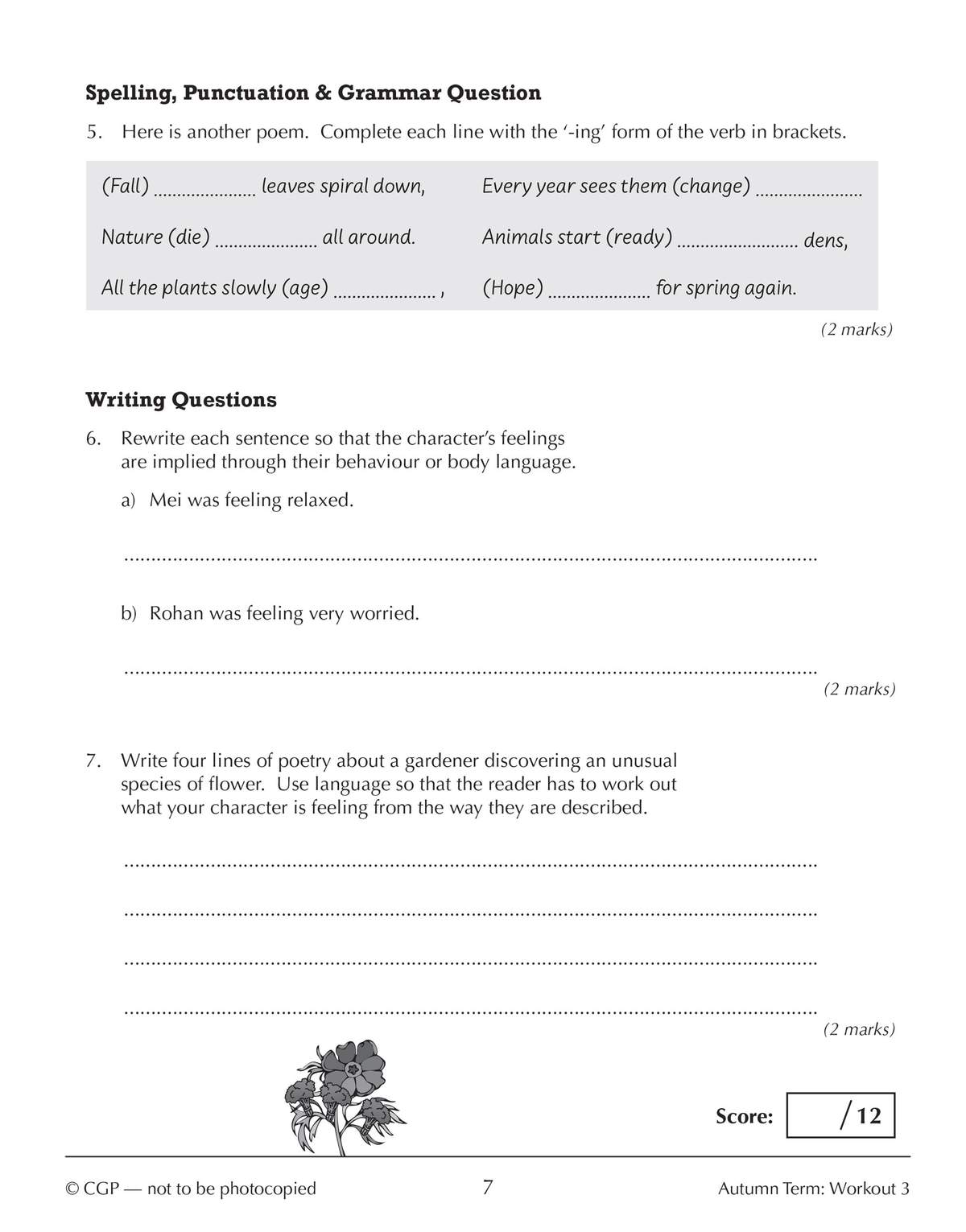 Three English questions on verb forms, rewriting sentences to show feelings, and writing four lines of poetry
