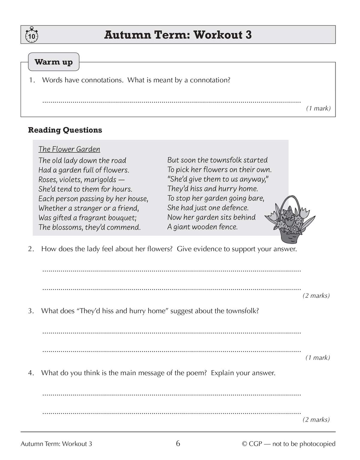 A poem about a lady's garden is followed by four questions asking pupils to analyse the text and explain the meaning