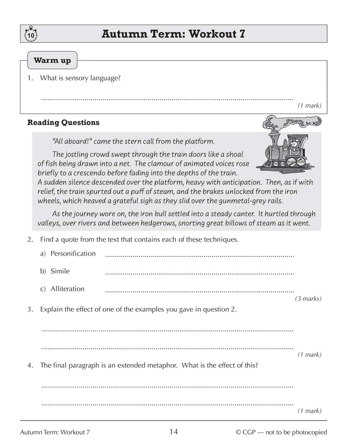 A short passage about a train journey is followed by questions on personification, simile, alliteration and extended metaphor