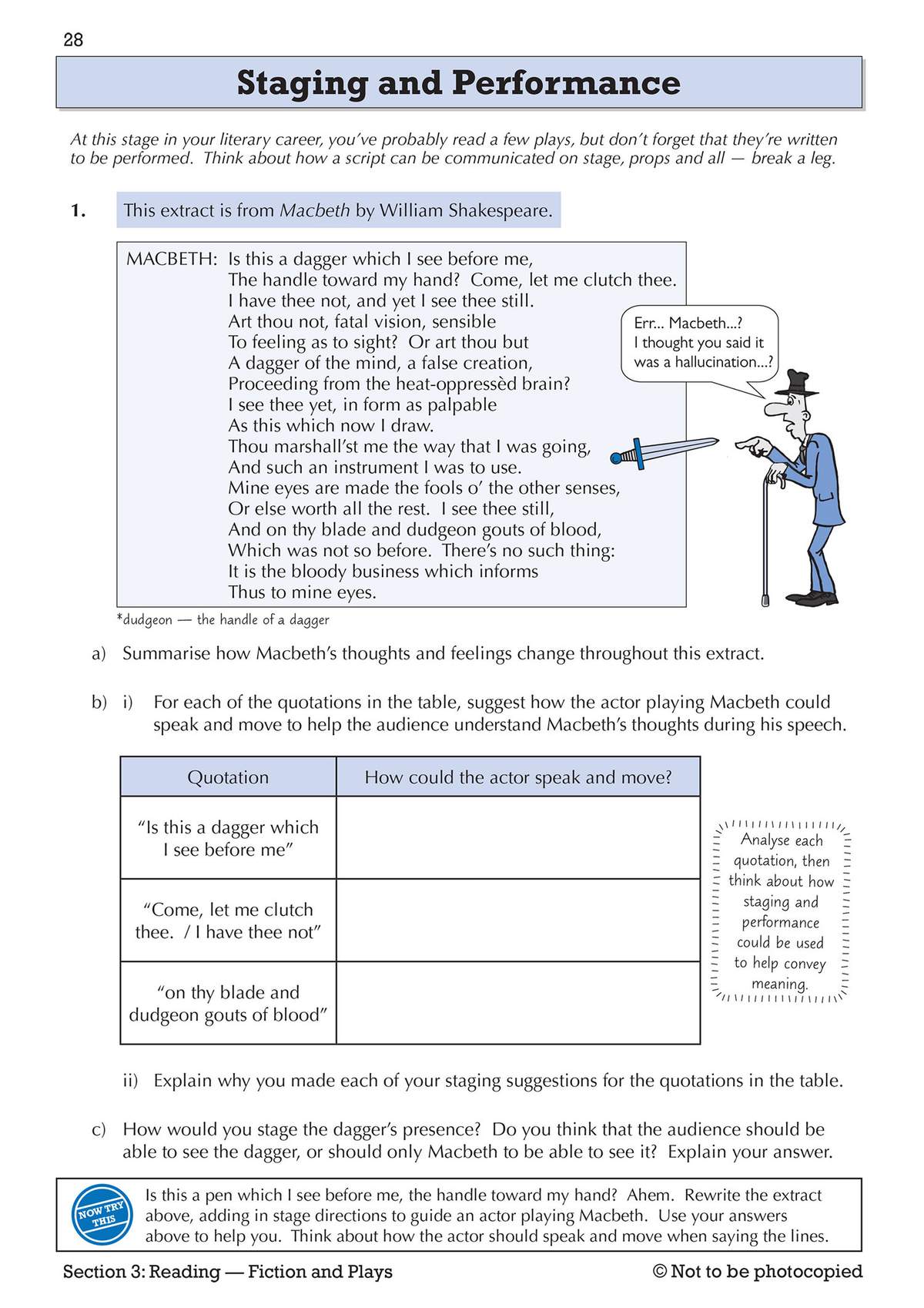 A Year 9 English page on staging Macbeth, with a text extract, comprehension questions and a writing task to add stage