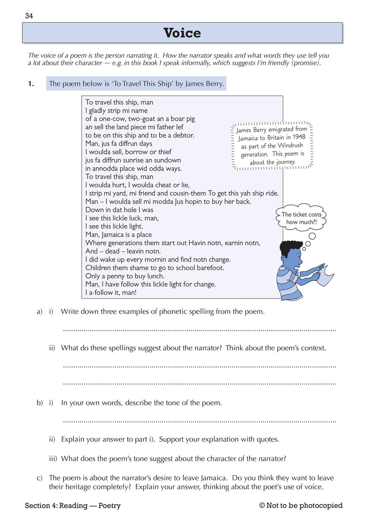 A Year 9 English page on poetic voice, featuring a poem by James Berry and questions on phonetic spelling, tone and character