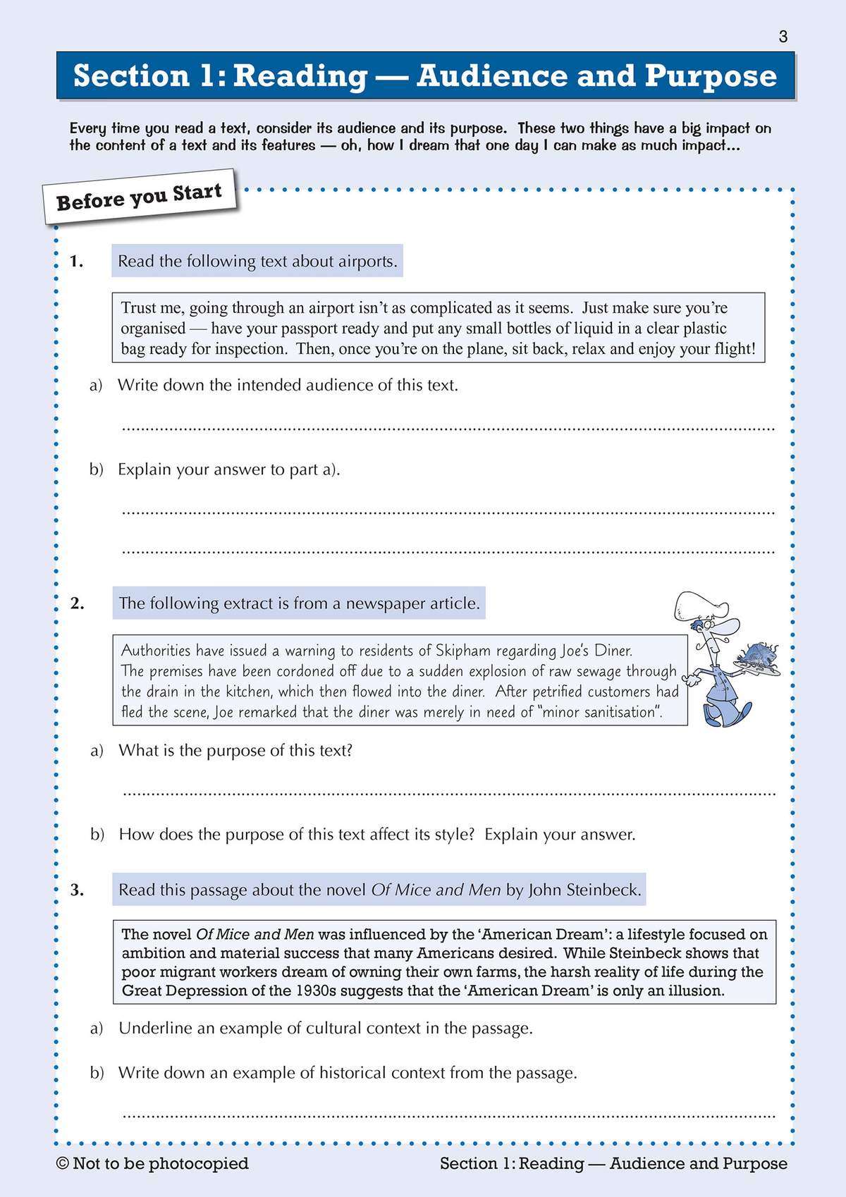 Three reading tasks on airports, a news article and a novel extract, with questions on audience, purpose and context