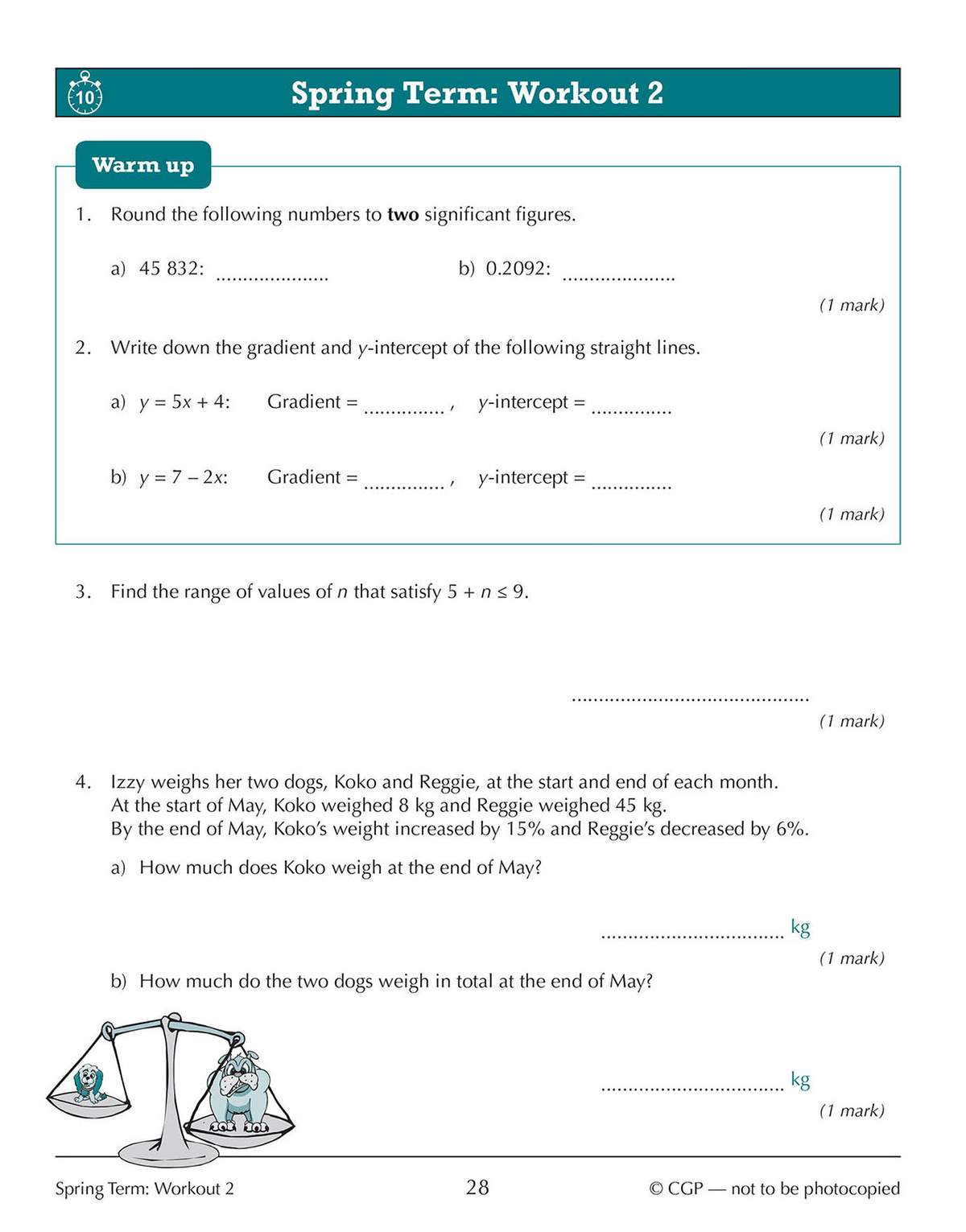 Four maths questions on rounding, gradients, inequalities and percentages, with a dog weighing scale illustration