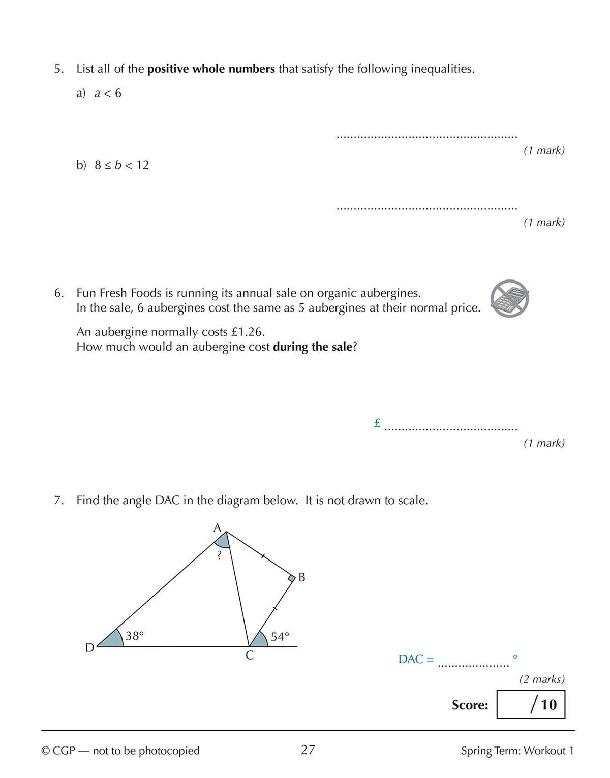 Three maths questions on inequalities, a word problem about aubergines, and a geometry diagram to find an angle