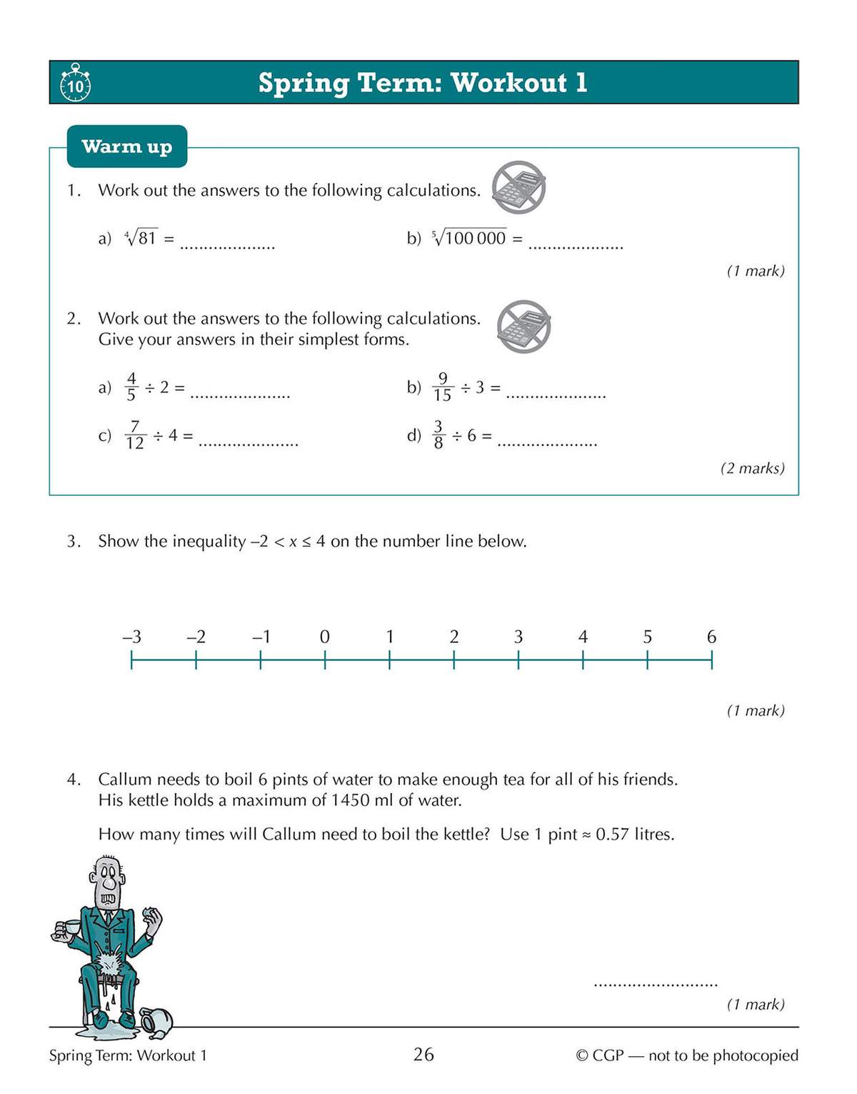 Four maths questions on index laws, fractions, inequalities and unit conversion, with a cartoon character to lighten the mood