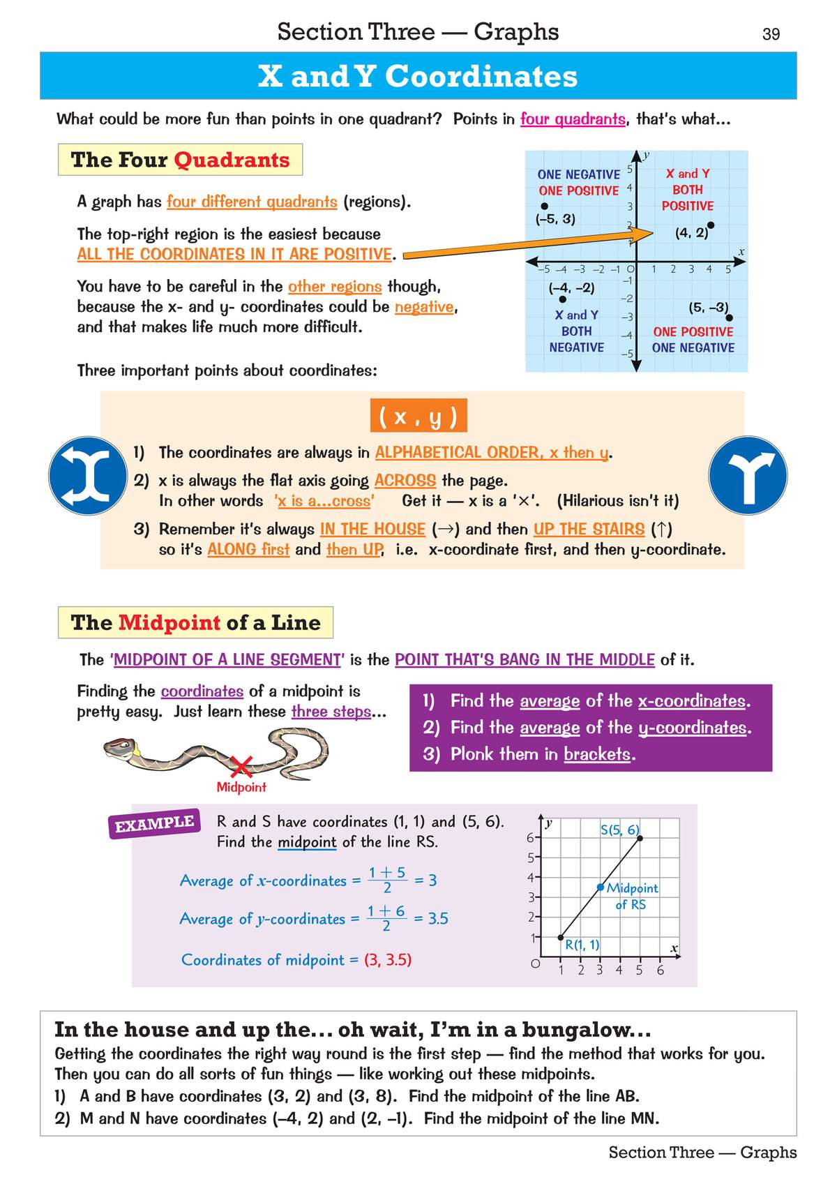 Clear notes on X and Y coordinates with diagrams, a worked example, and two practice questions to find midpoints