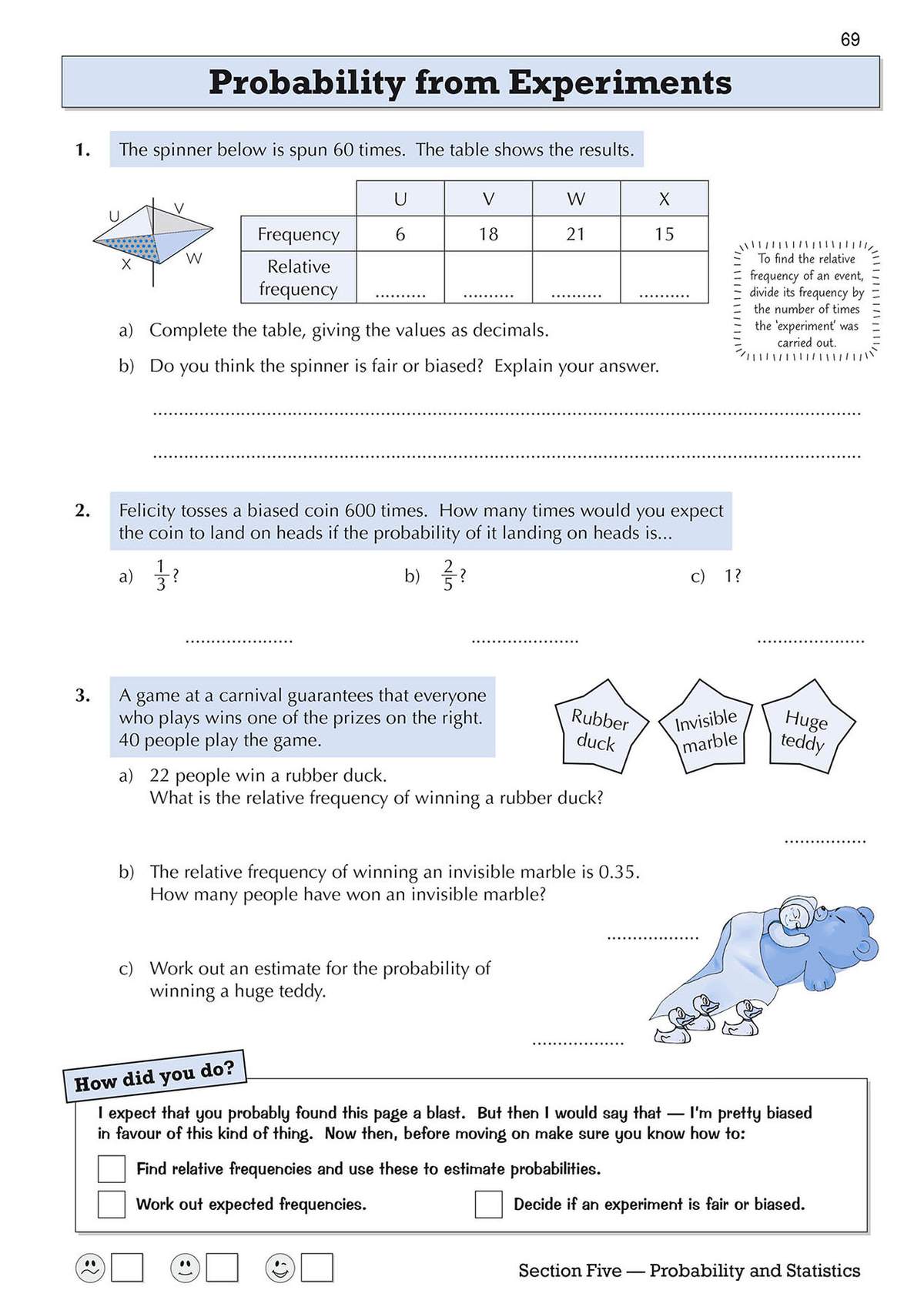 Six probability questions on relative frequency and expected outcomes, with a spinner diagram and carnival prizes