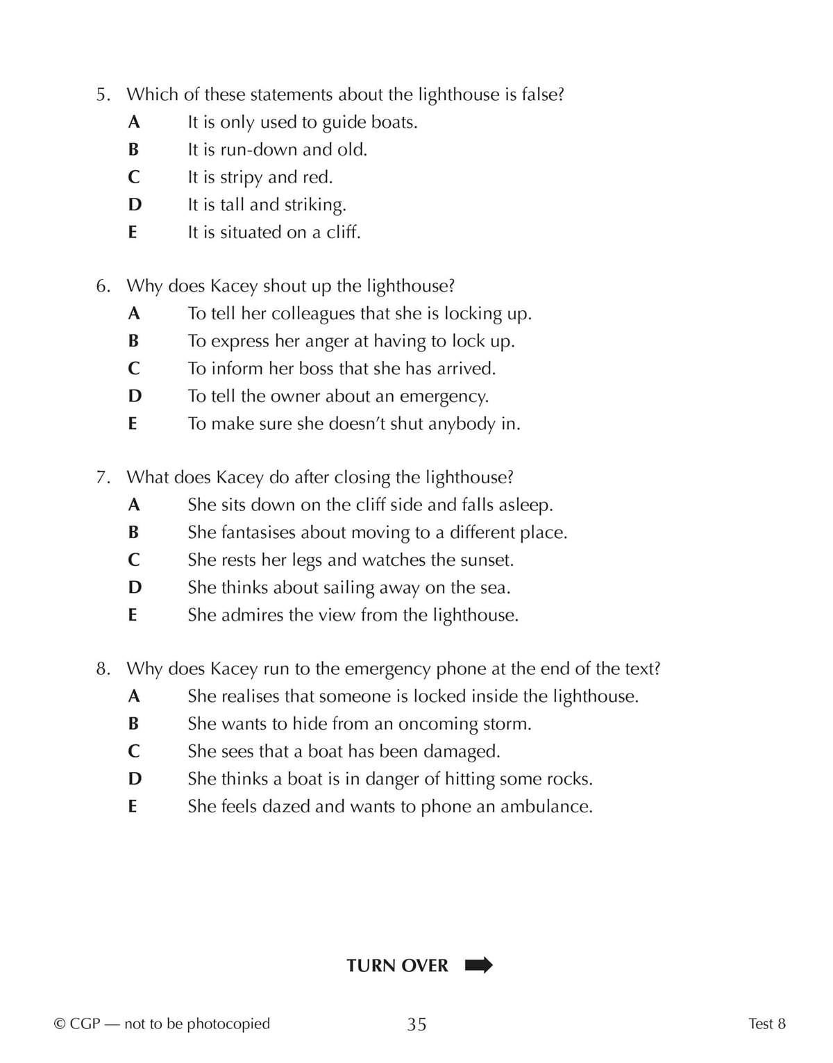 Four multiple-choice questions test understanding of a lighthouse story, asking about details and character actions