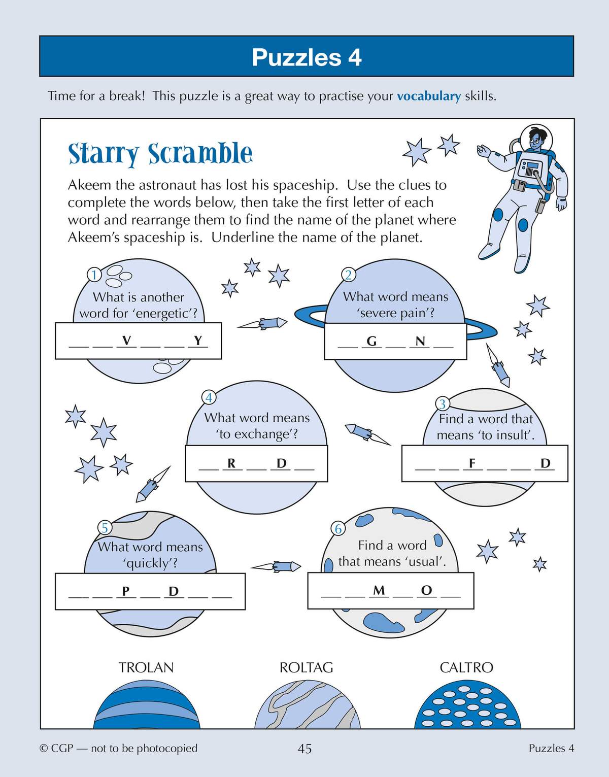 Children complete six vocabulary clues to unscramble words, then rearrange the first letters to find a hidden planet name