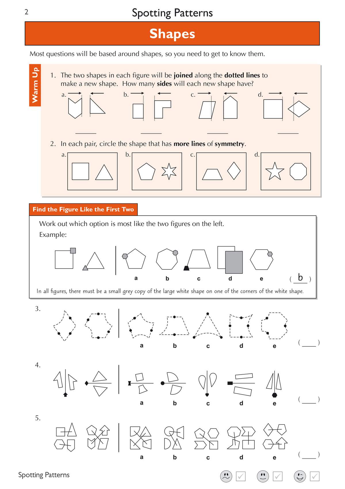 Children join shapes along dotted lines, circle symmetrical figures, and find matching patterns from options