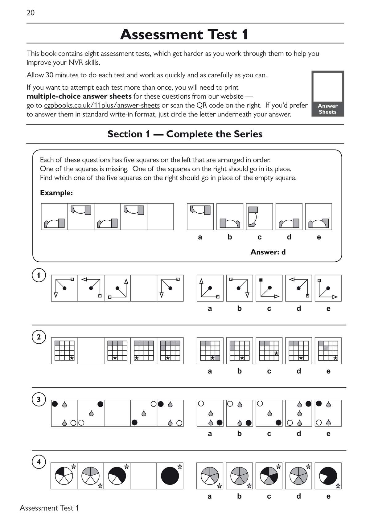 Four non-verbal reasoning questions where children find the missing shape in a series by circling the correct option