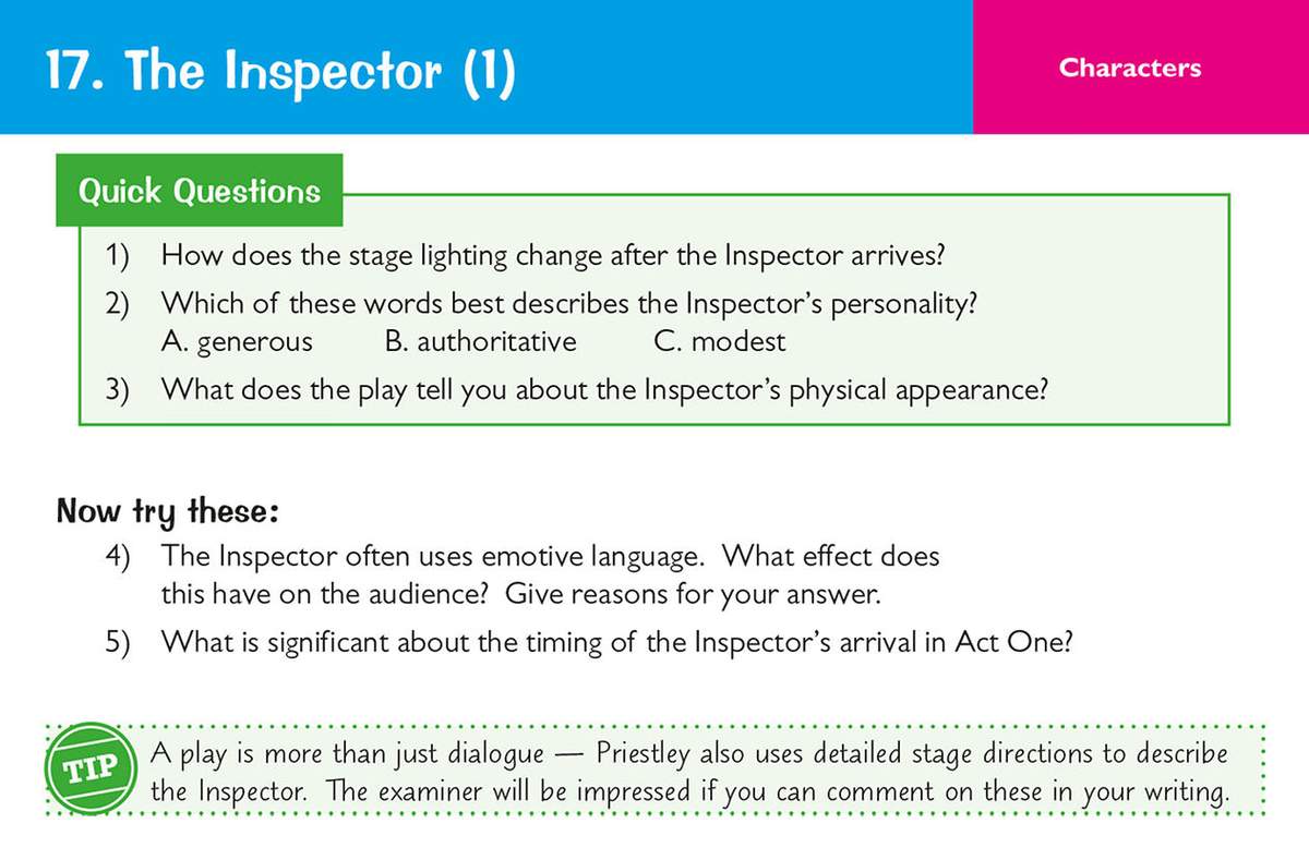 Five questions about the Inspector's character and the play's stage directions, with a tip on using them in writing