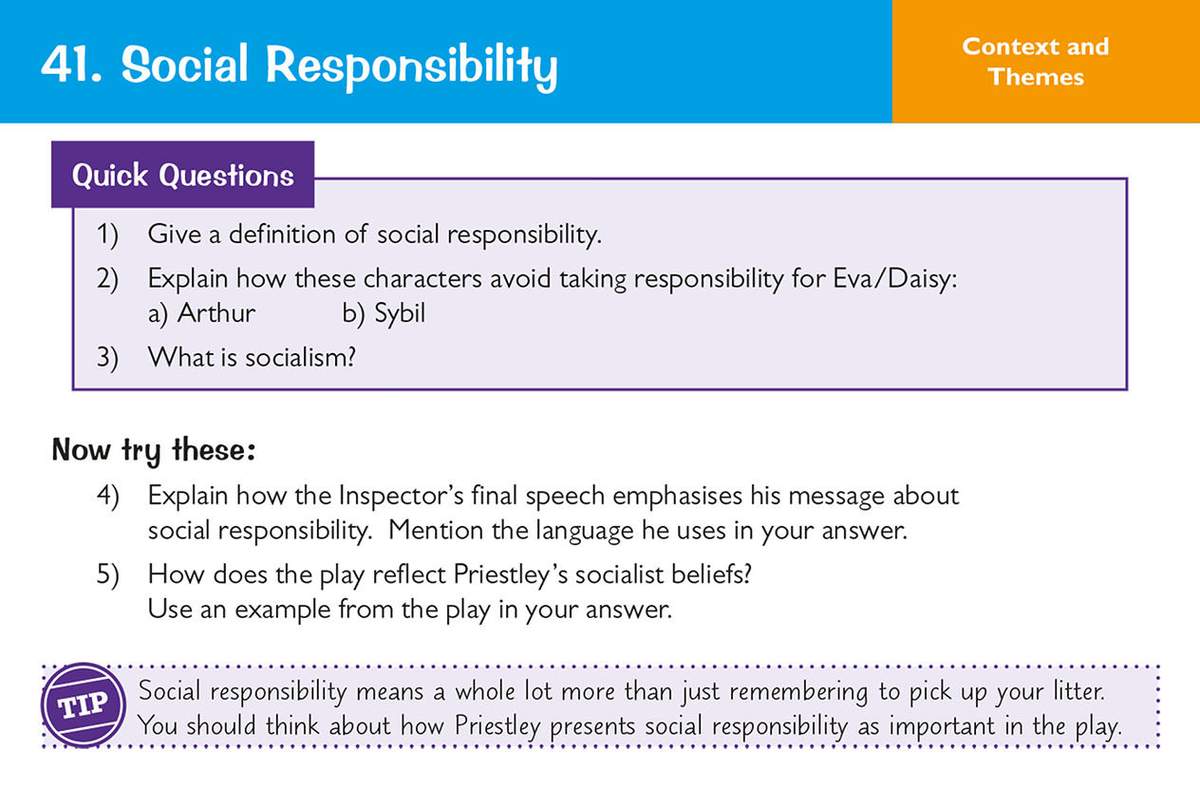 Students answer five short questions about Priestley's play, focusing on character choices and the Inspector's message