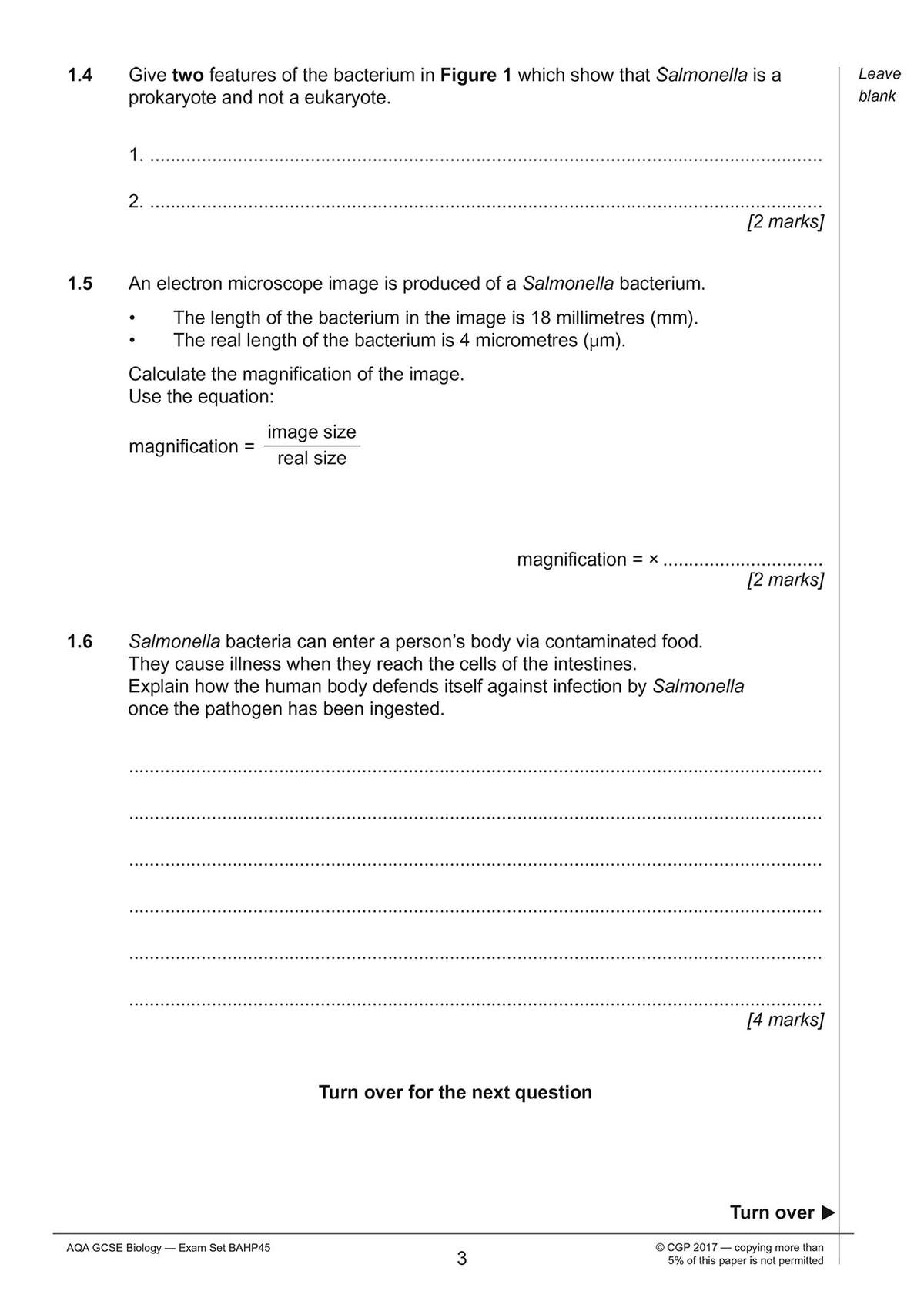 Three biology questions on prokaryotes, magnification calculations, and immune defence against Salmonella