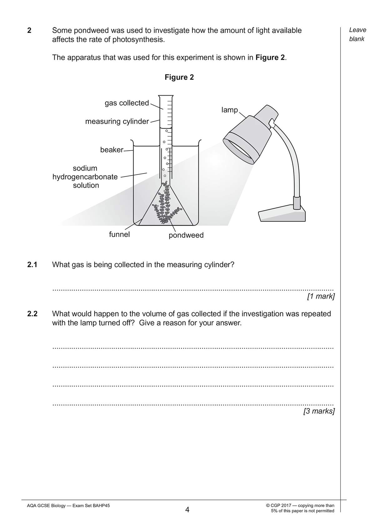 A diagram of a photosynthesis experiment is shown, followed by two short-answer questions on gas collection and the effect